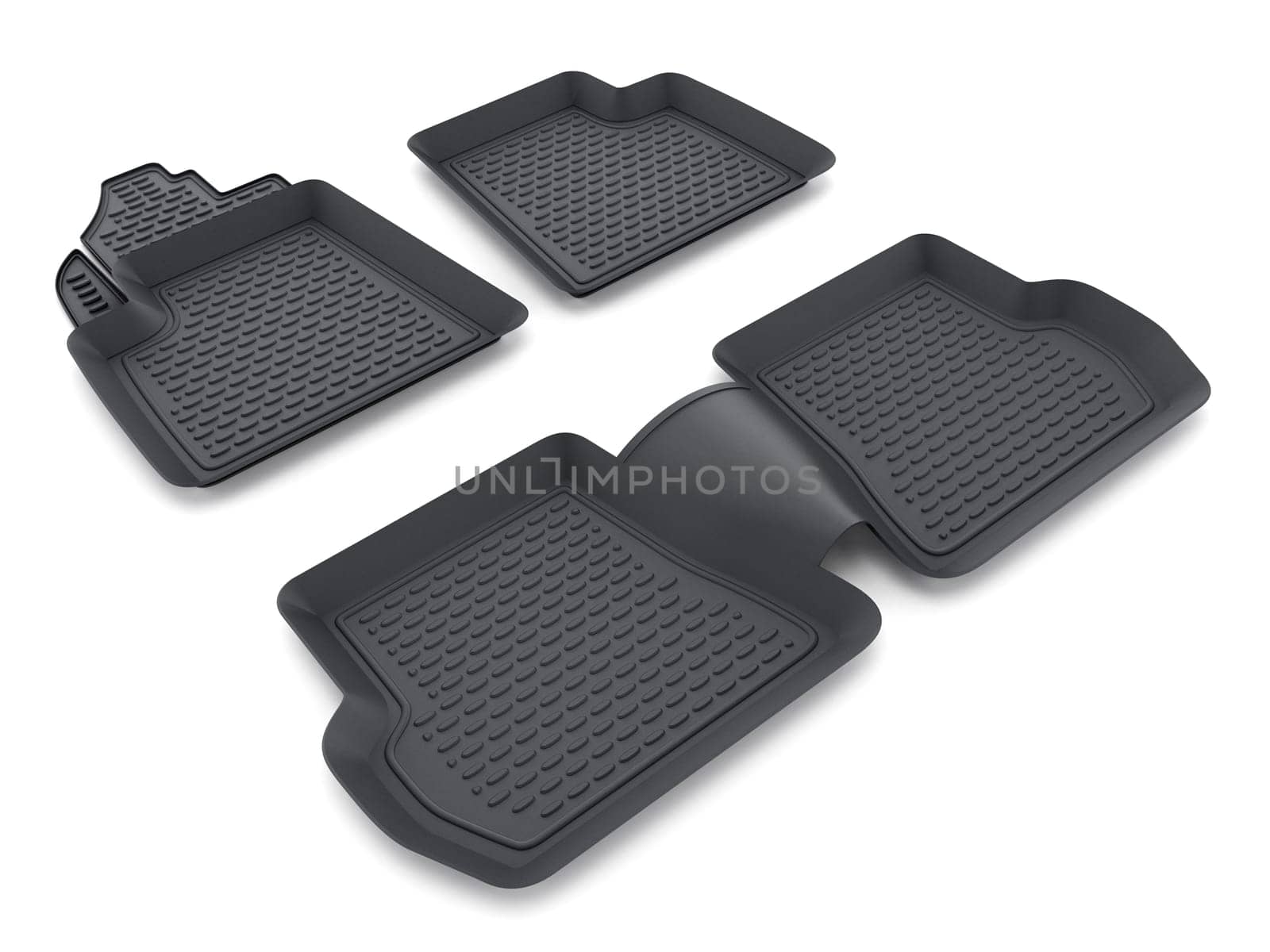 Black rubber car mats isolated on white background. 3D illustration.