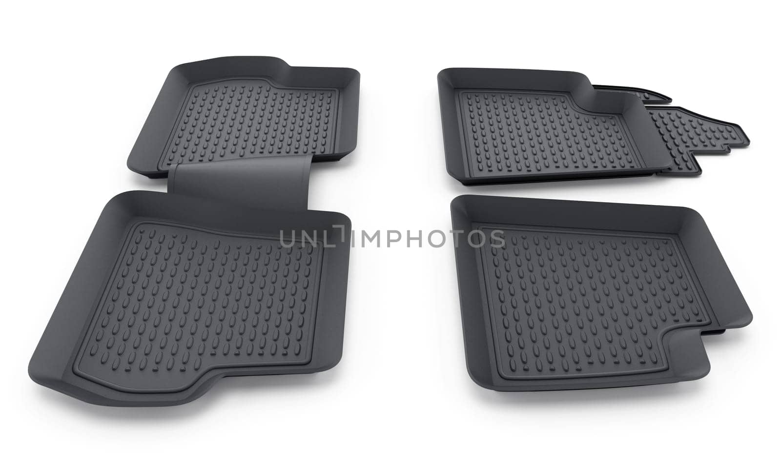 Black rubber car mats isolated on white background. 3D illustration.