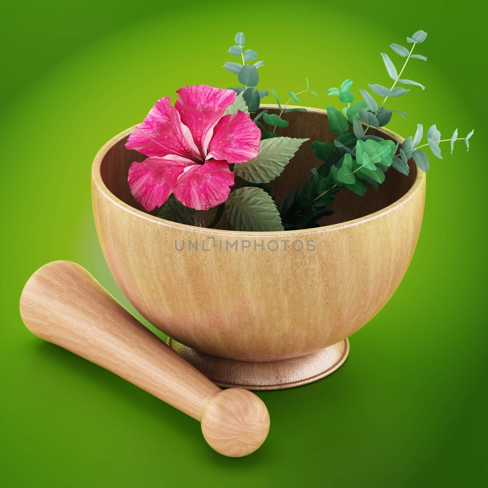 Mortar, pestle and flower isolated on green background. 3D illustration.
