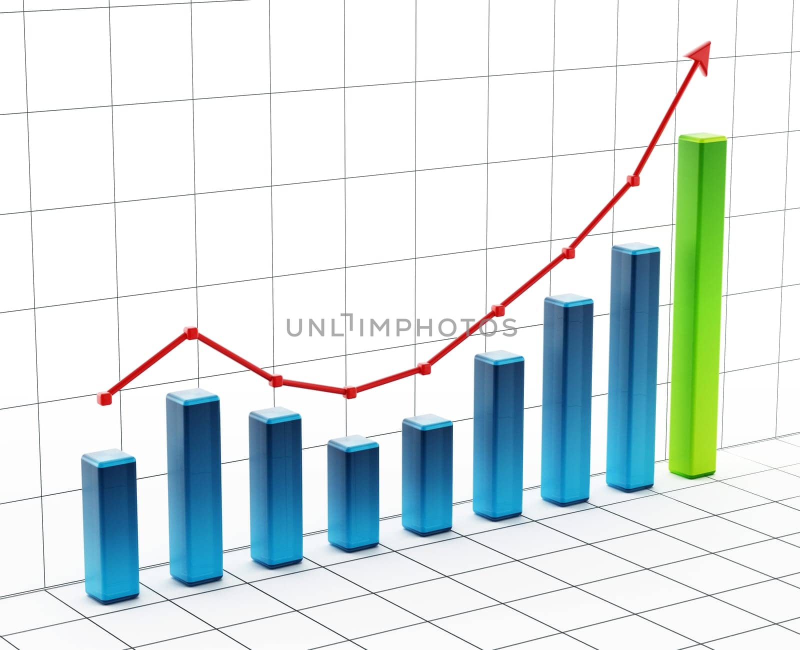 Rising bar graph on grid. 3D illustration.