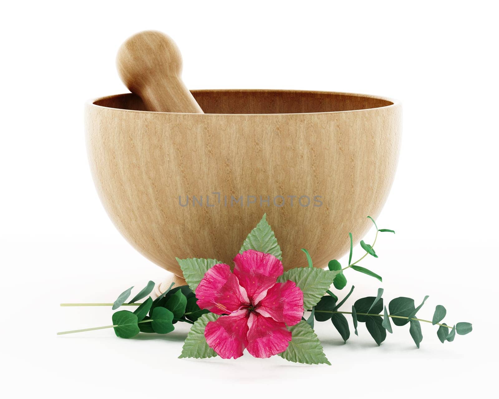 Mortar, pestle and flower isolated on white background. 3D illustration.