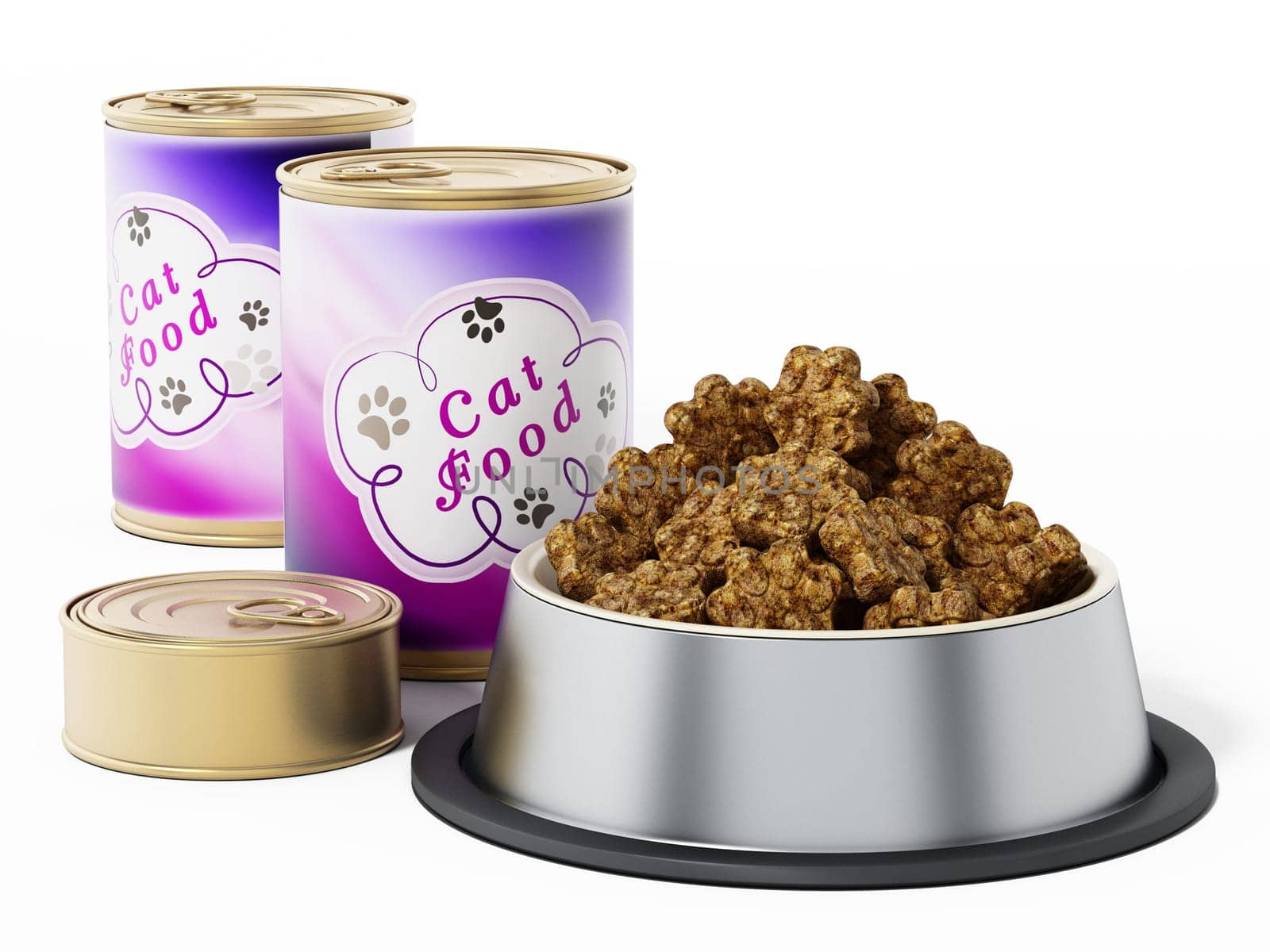 Cat food canisters and bowl isolated on white background. 3D illustration.