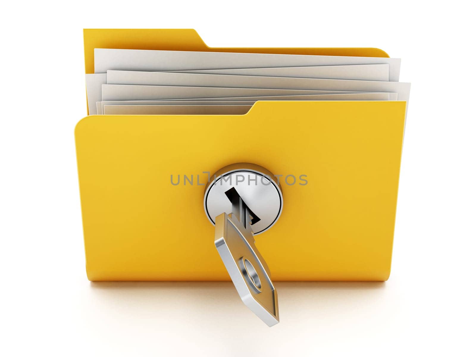 Key on locked yellow folder. 3D illustration.