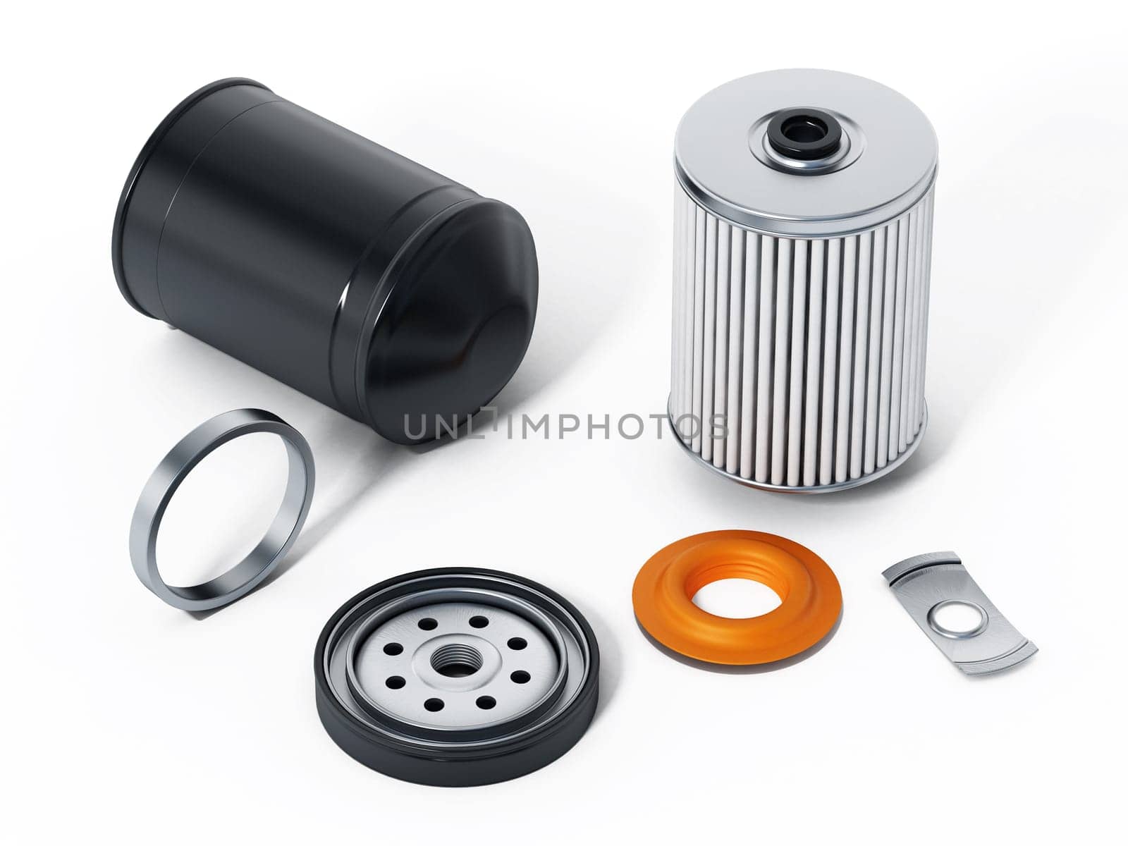 Spare new oil filter exploded perspective. 3D illustration.