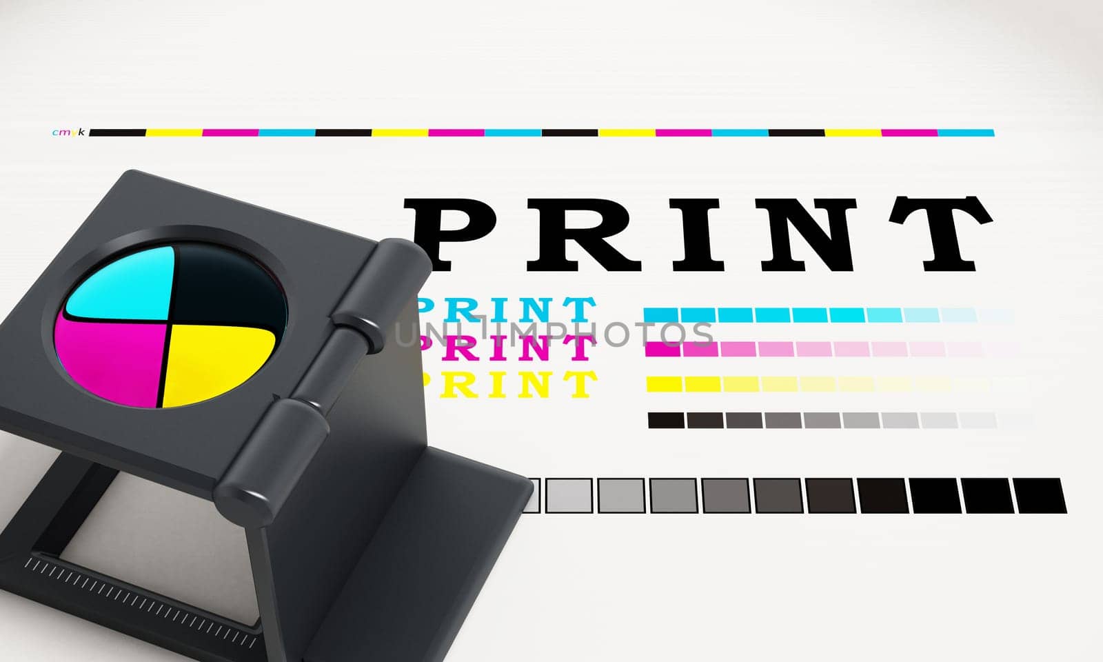 Printing loupe standing on colour test paper. 3D illustration.