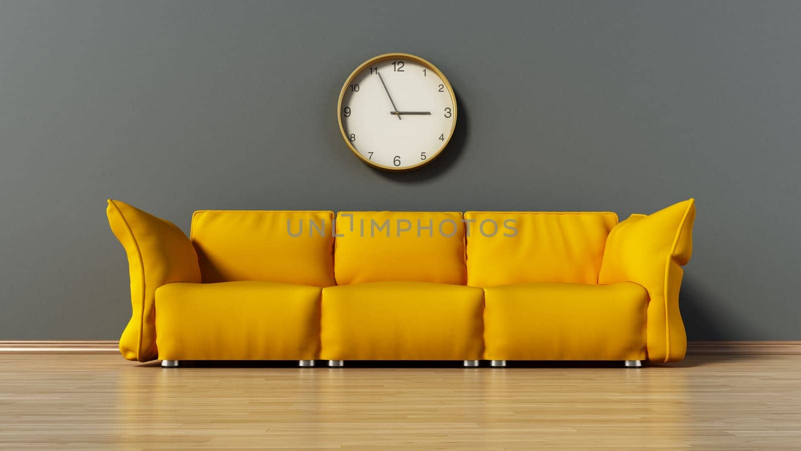 Green couch standing on parquet ground. 3D illustration.