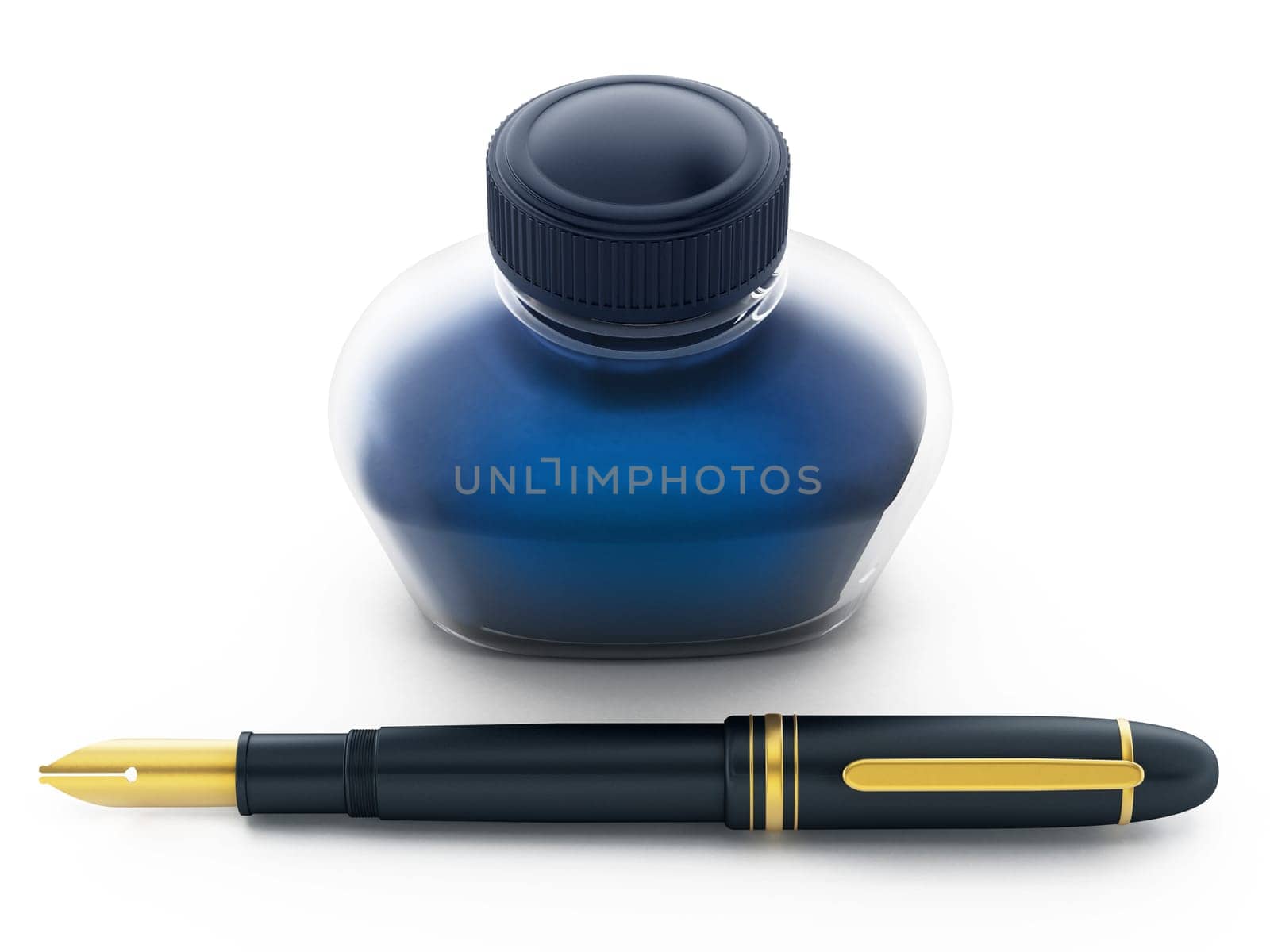 Blue ink bottle and pen isolated on white background. 3D illustration.