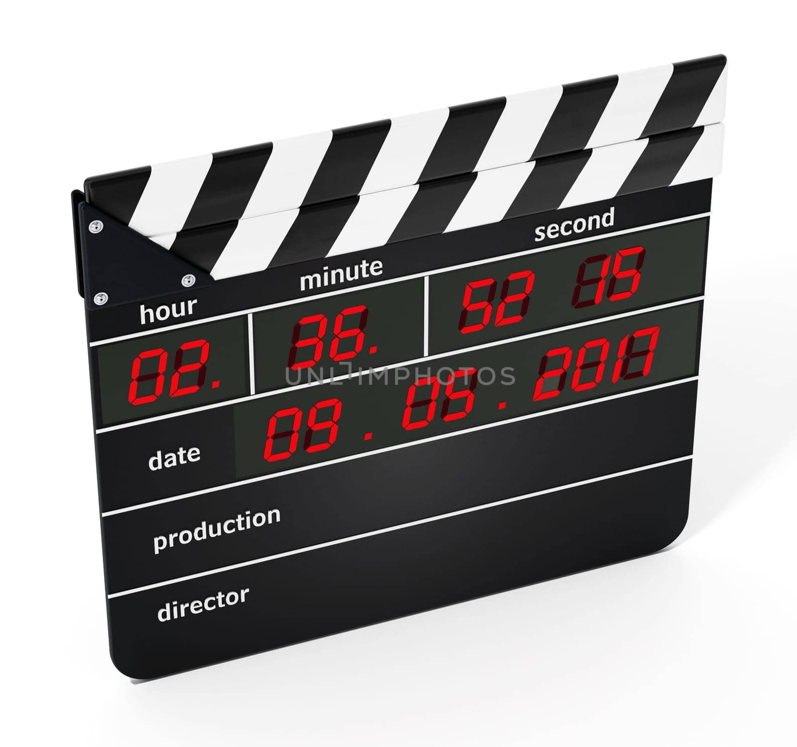 Digital clapboard isolated on white background. 3D illustration.