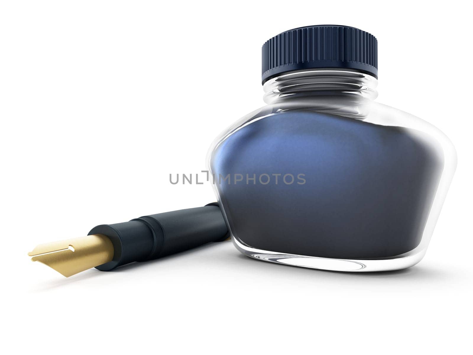Blue ink bottle and pen isolated on white background. 3D illustration.