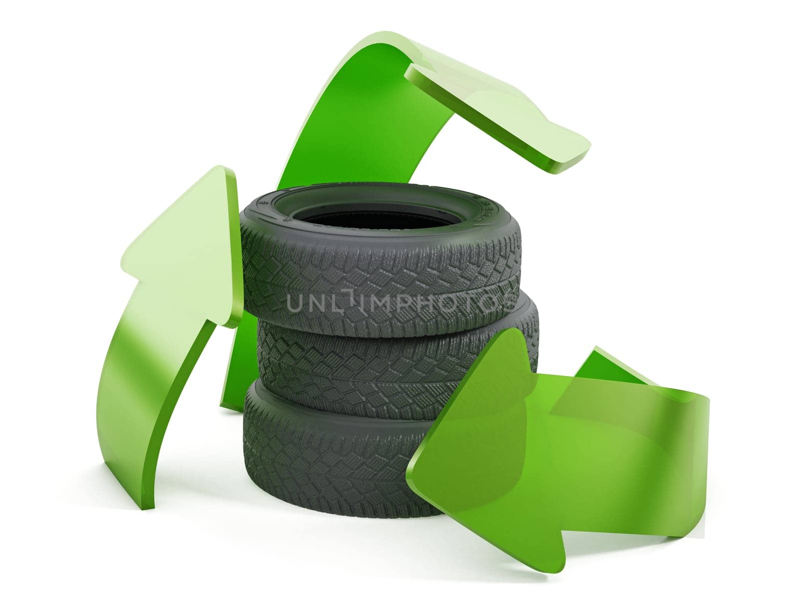 Recycle symbol around used tyres. 3D illustration.