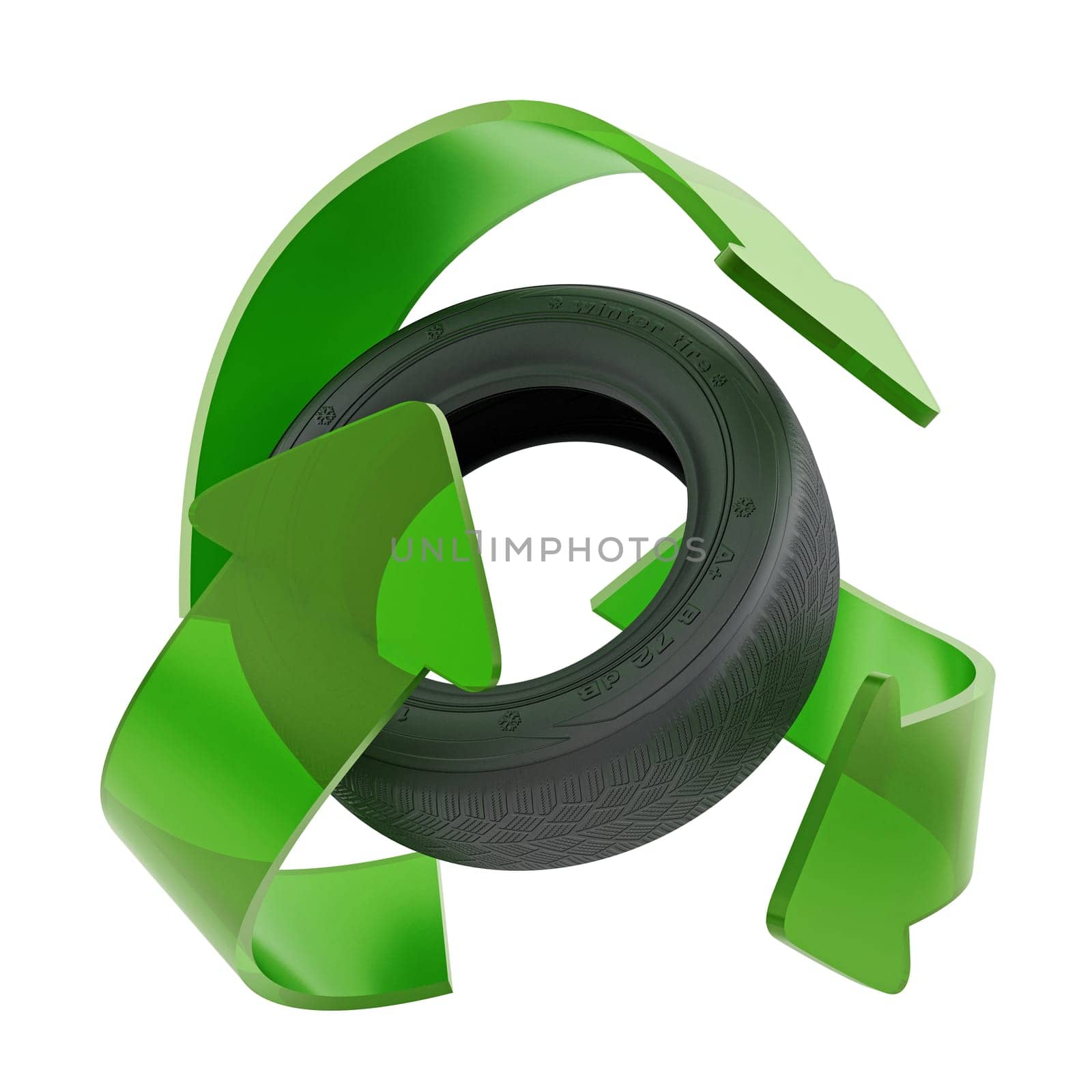 Recycle symbol around used tyre. 3D illustration.