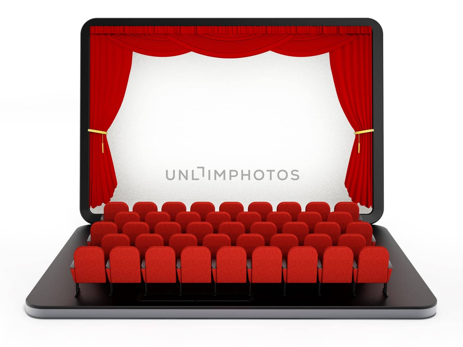 Red seats on laptop computer with blank screen. 3D illustration.