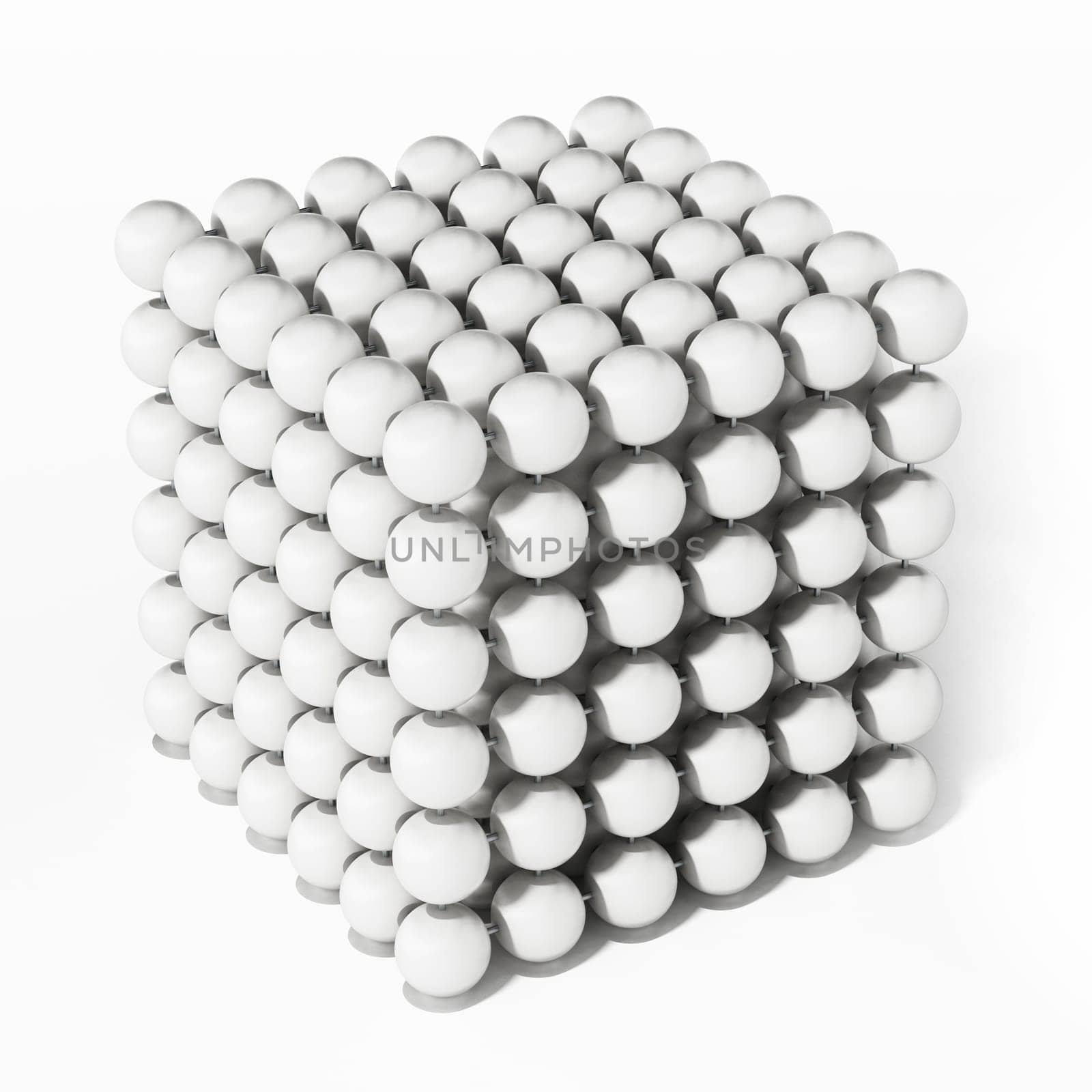 White spheres forming a cube shape. 3D illustration.