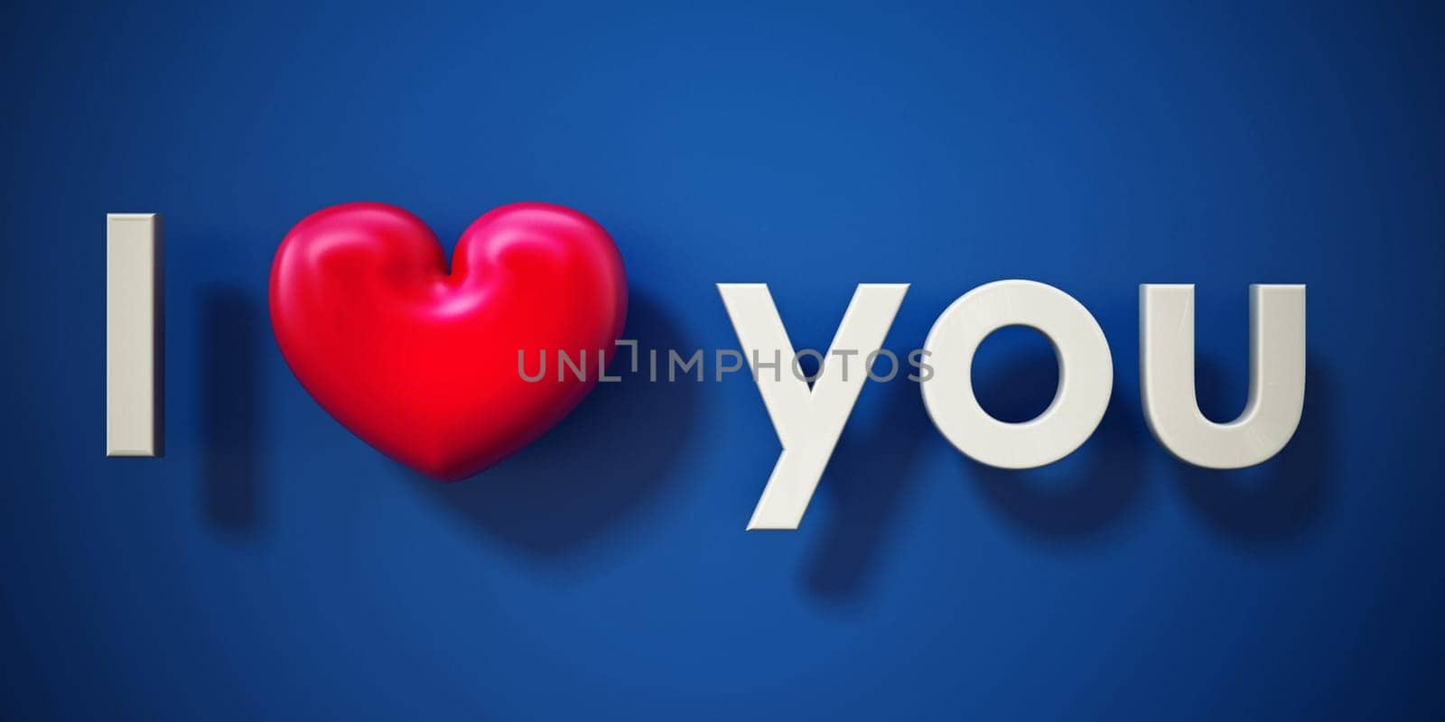 I love you text with a red heart on blue background. 3D illustration.