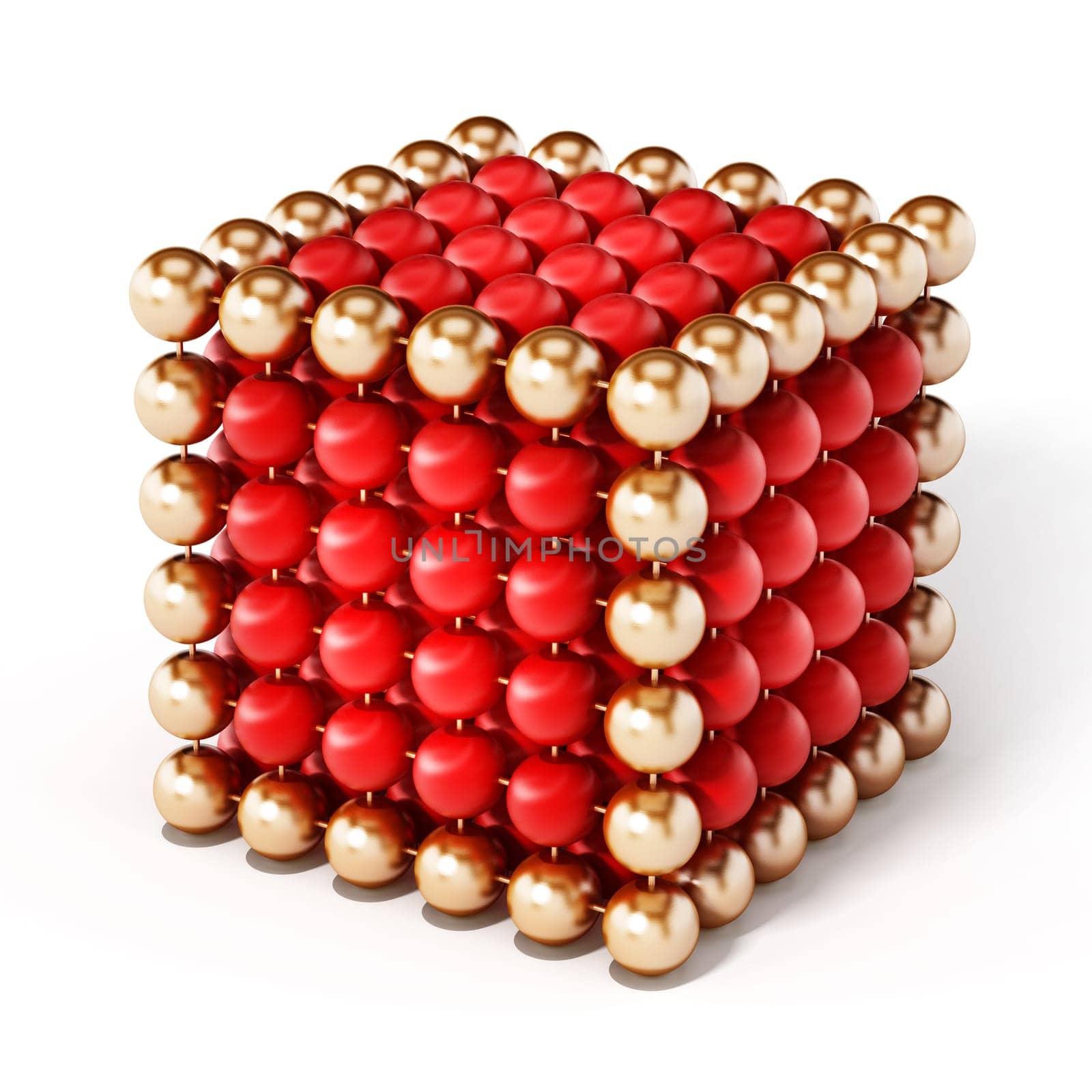 Red and gold spheres forming a cube shape. 3D illustration.