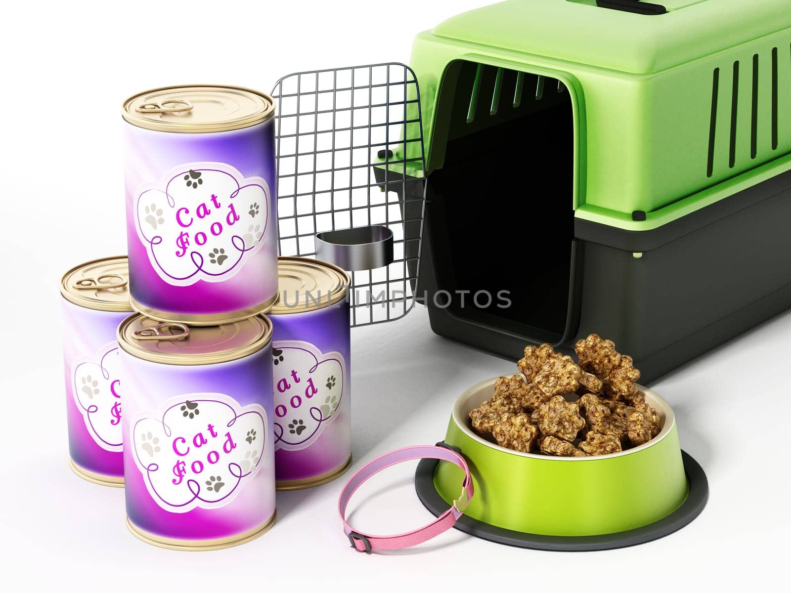 Cat collar, carrier and food isolated on white background. 3D illustration.