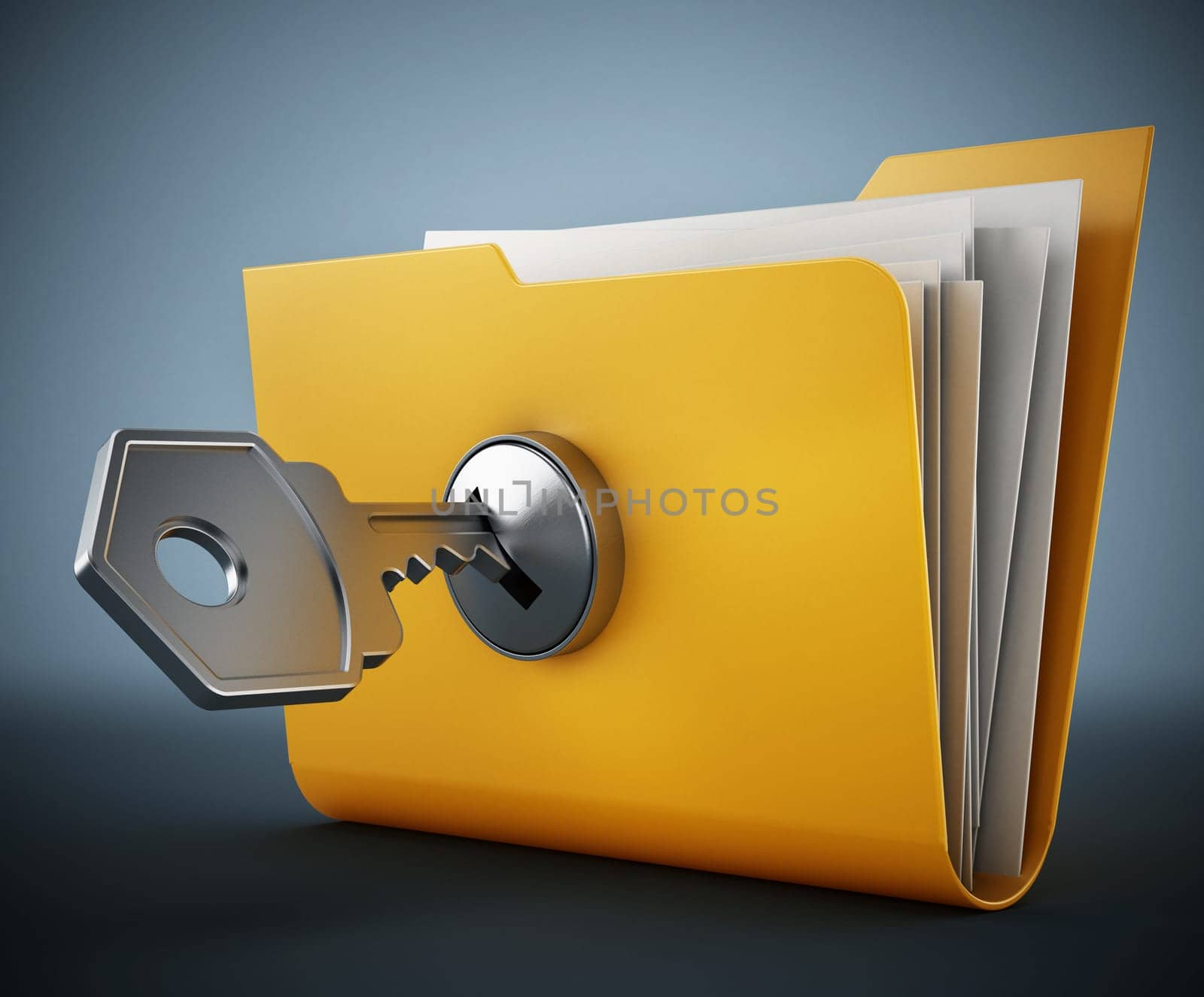 Key on locked yellow folder. 3D illustration.
