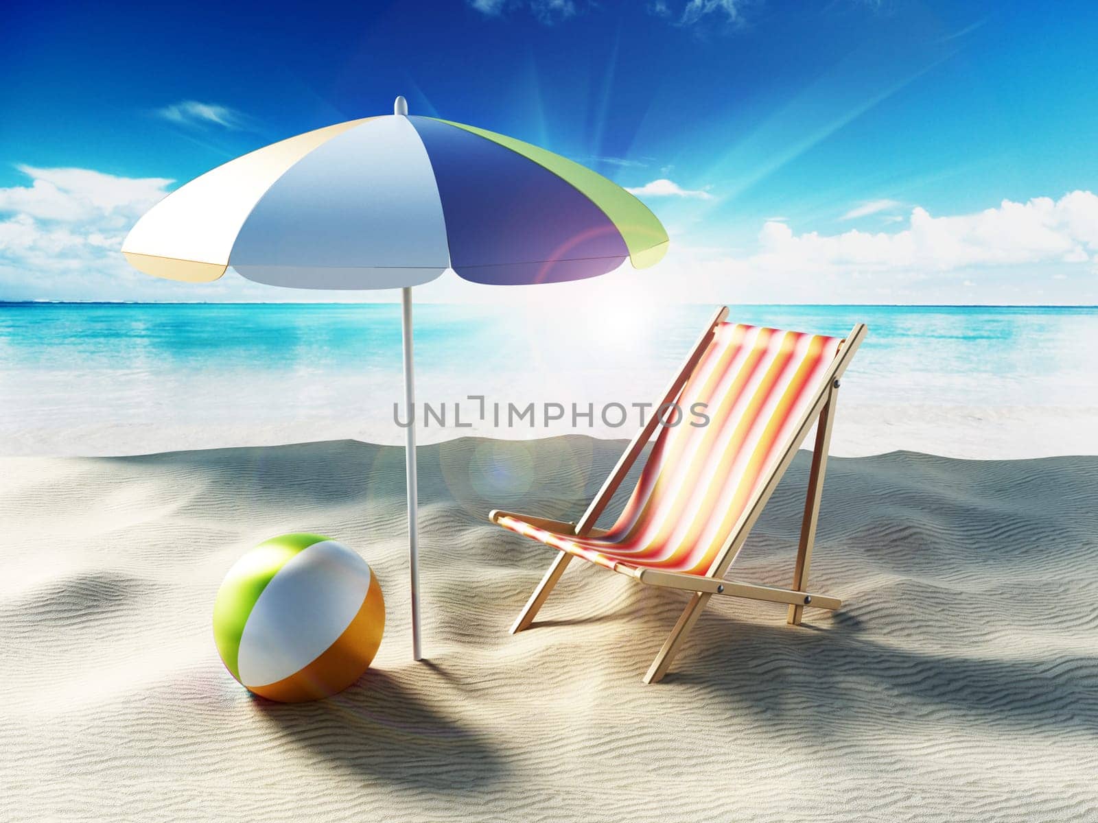 Beach umbrella, sunbed, ball and laptop computer by the seashore. 3D illustration.