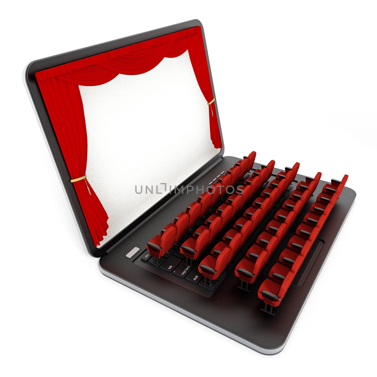 Red seats on laptop computer with blank screen. 3D illustration.