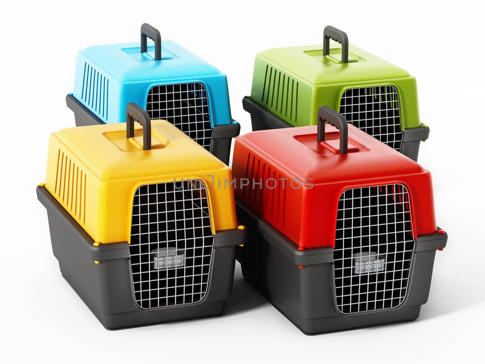 Multi colored pet carriers isolated on white background. 3D illustration.