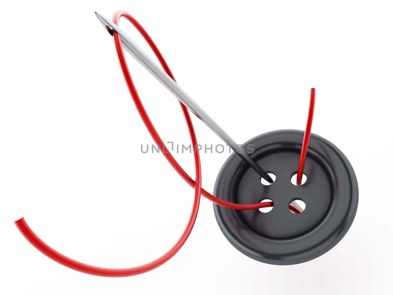 Sewing needle, rope and button isolated on white background. 3D illustration.