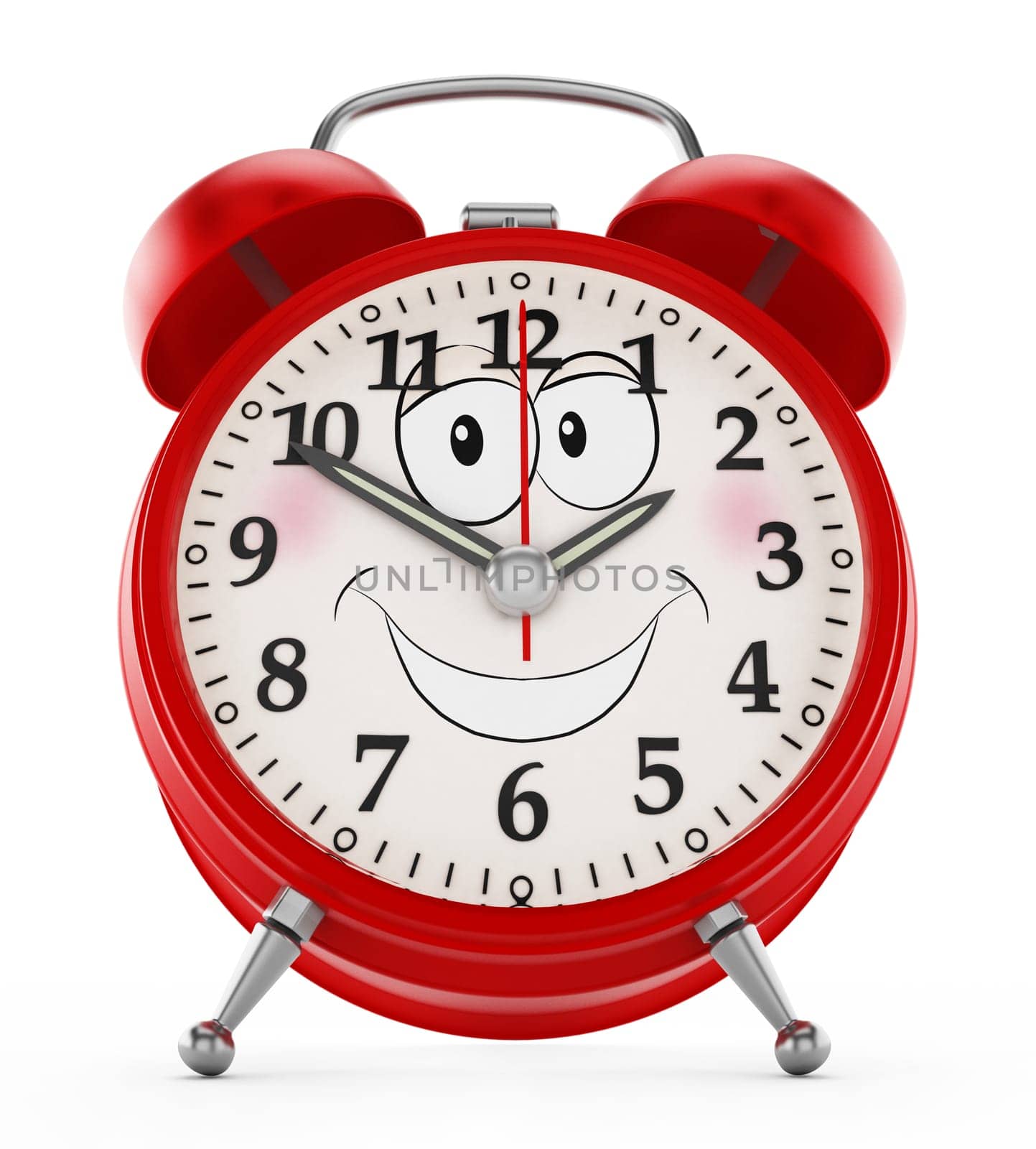 Red alarm clock with a smiling face isolated on white background. 3D illustration.