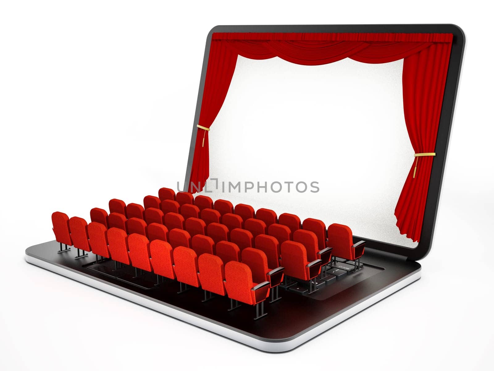 Red seats on laptop computer with blank screen. 3D illustration.