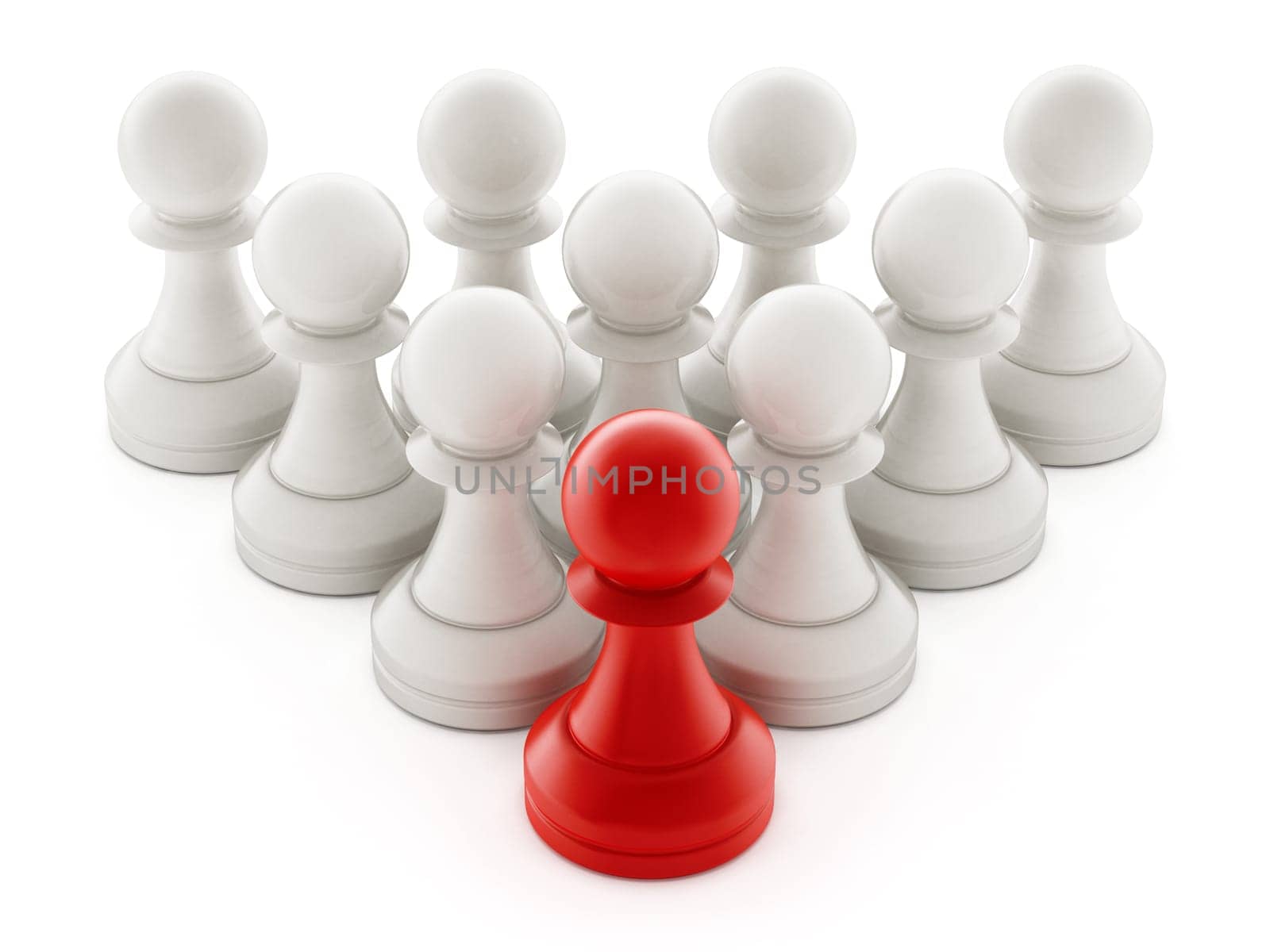 Red chess pawn standing ahead of white pawns. 3D illustration.