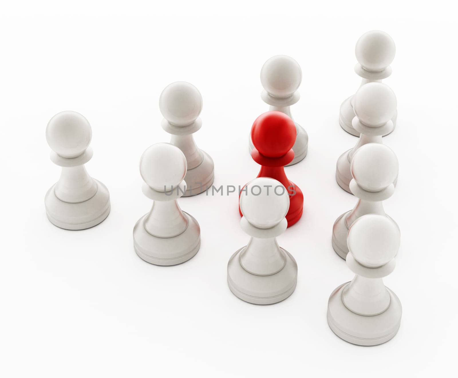 Red chess pawn standing ahead of white pawns. 3D illustration.