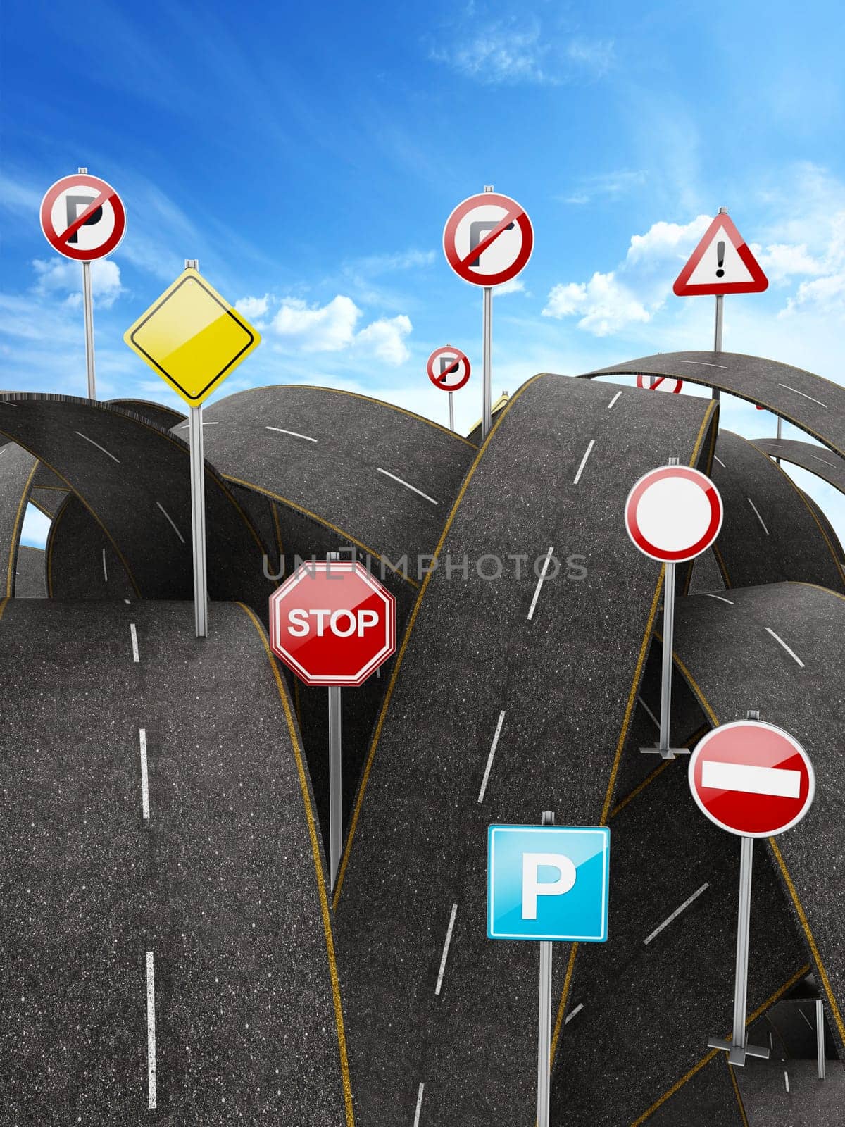 Tangled, crowded, chaotic roads and many traffic signs. 3D illustration