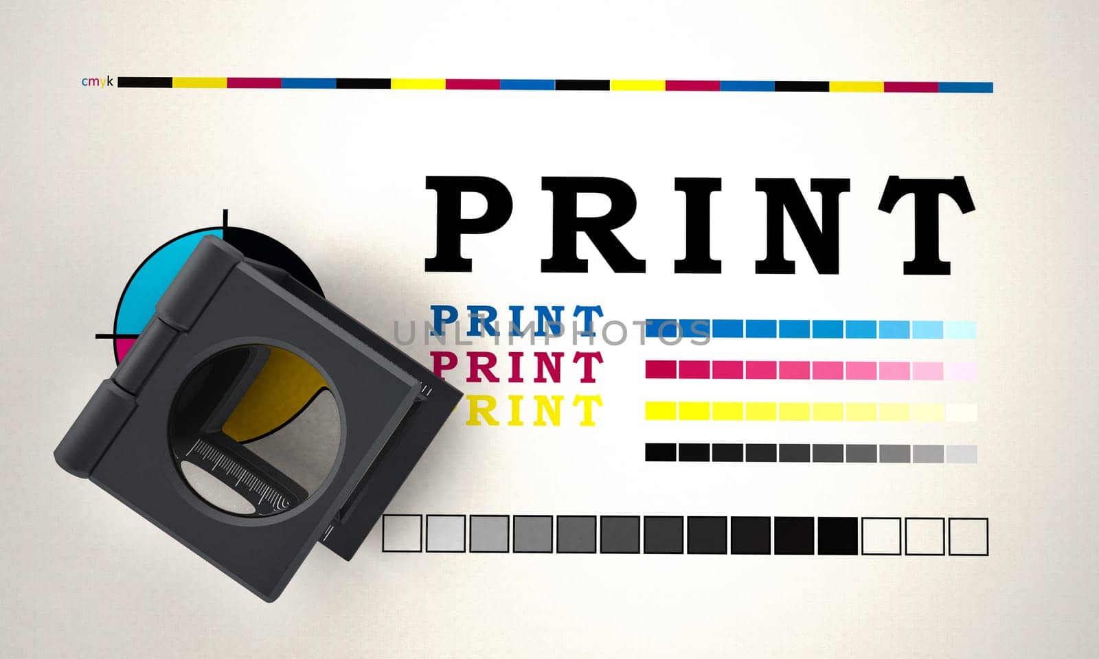 Printing loupe standing on colour test paper. 3D illustration.