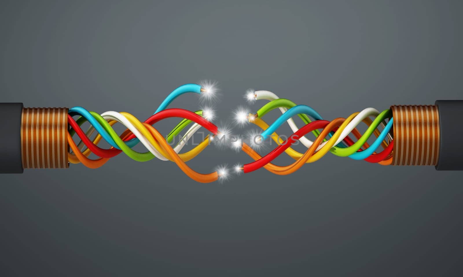 Multi-colored phone wire on gray background. 3D illustration.