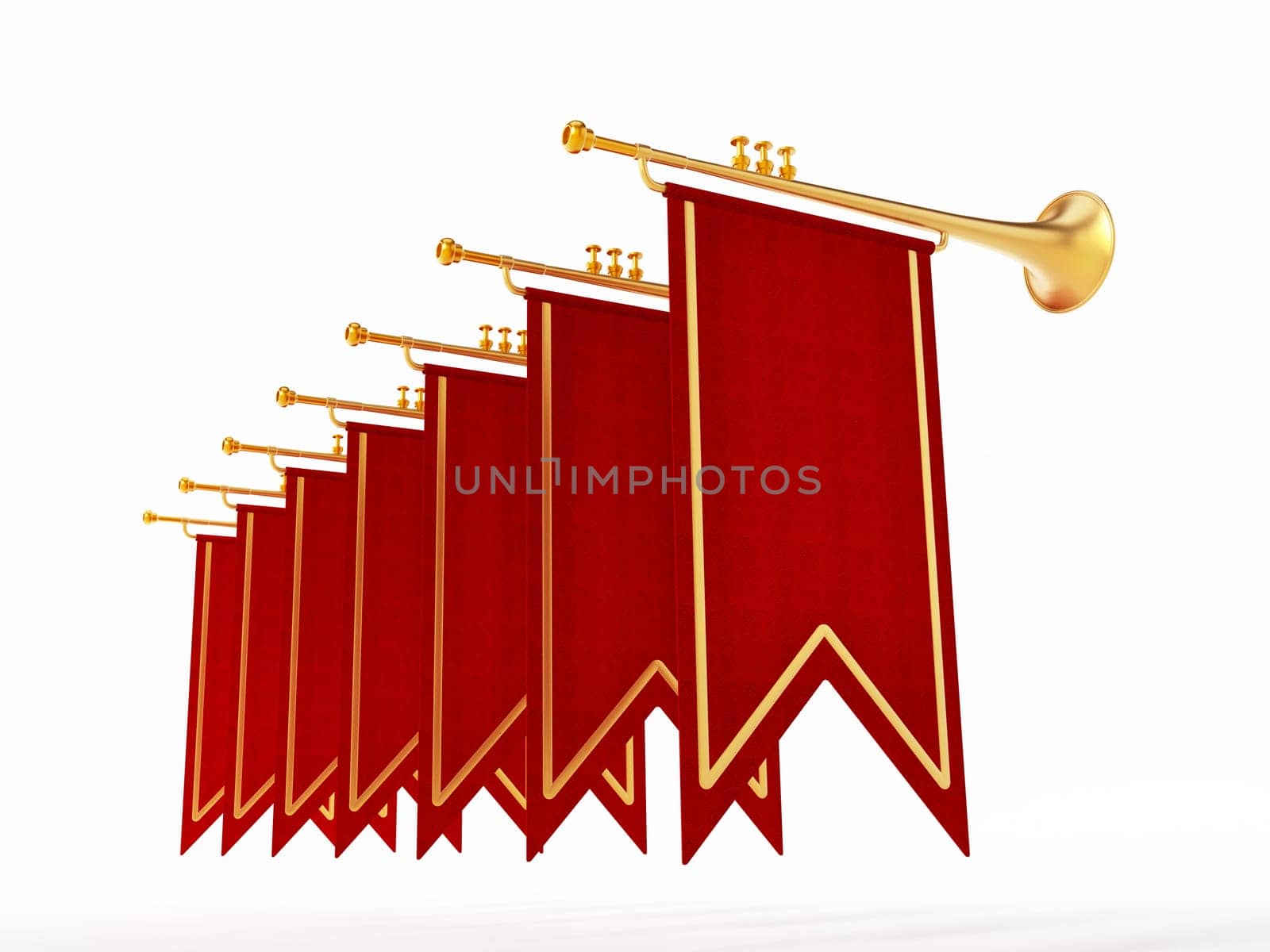Swallow flags and trumpets isolated on white background. 3D illustration.