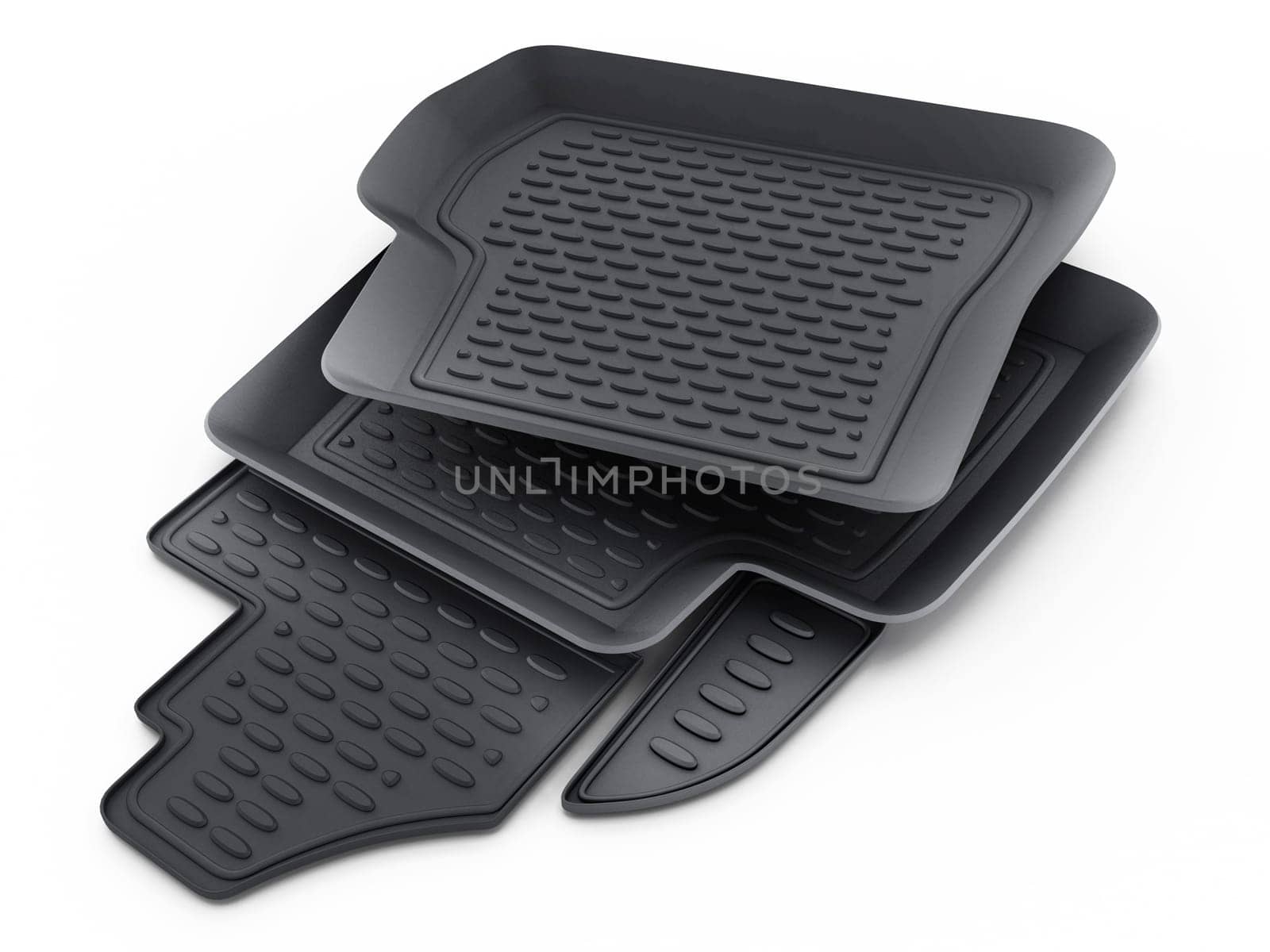 Black rubber car mats isolated on white background. 3D illustration.