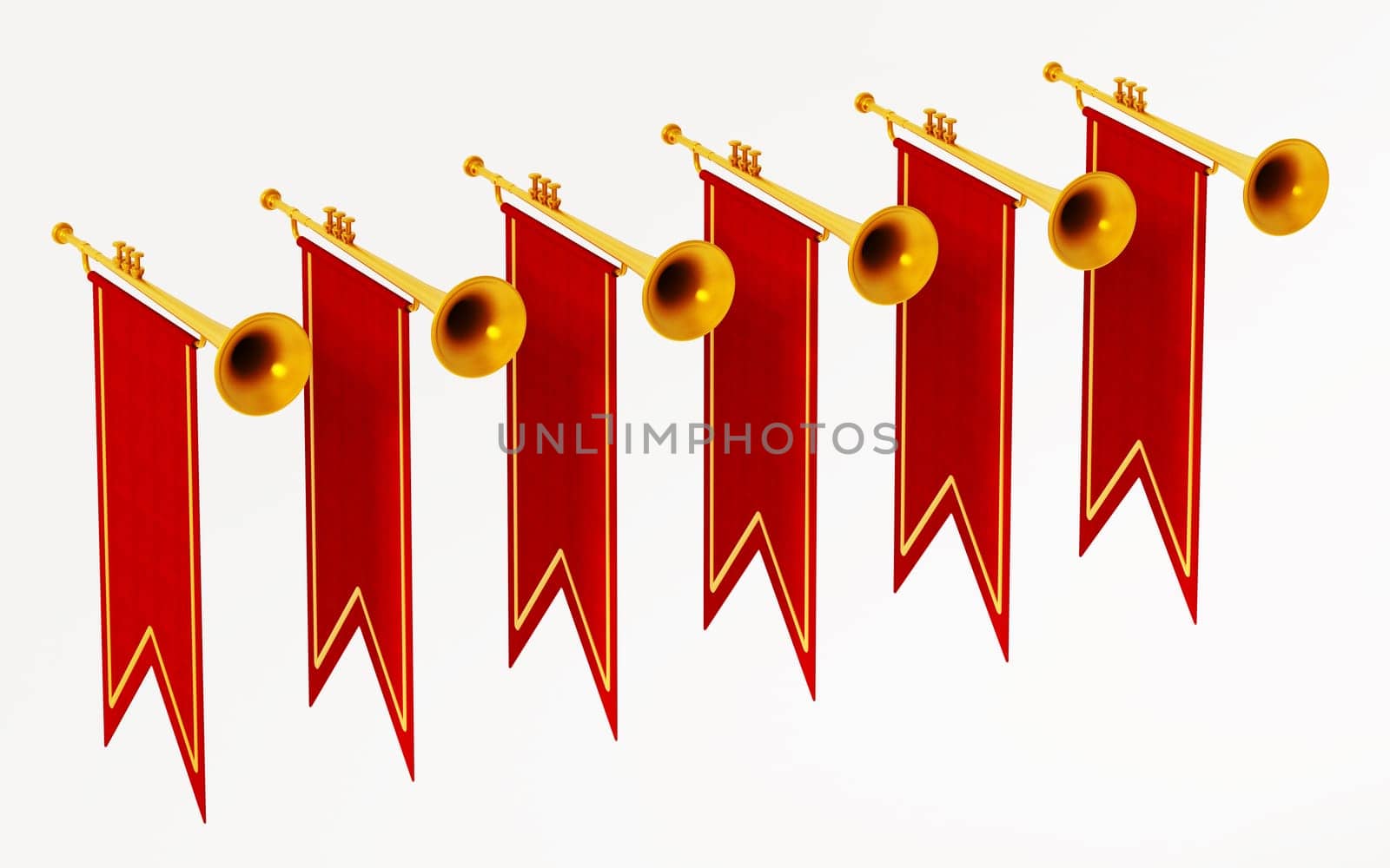 Swallow flags and trumpets isolated on white background. 3D illustration.