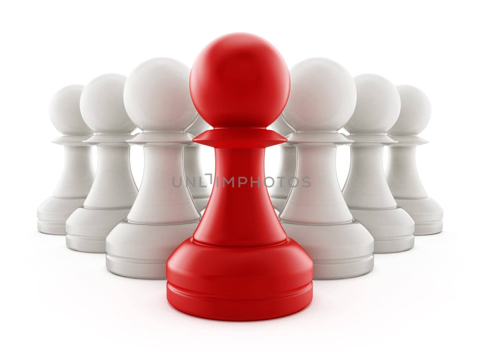 Red chess pawn standing ahead of white pawns. 3D illustration.