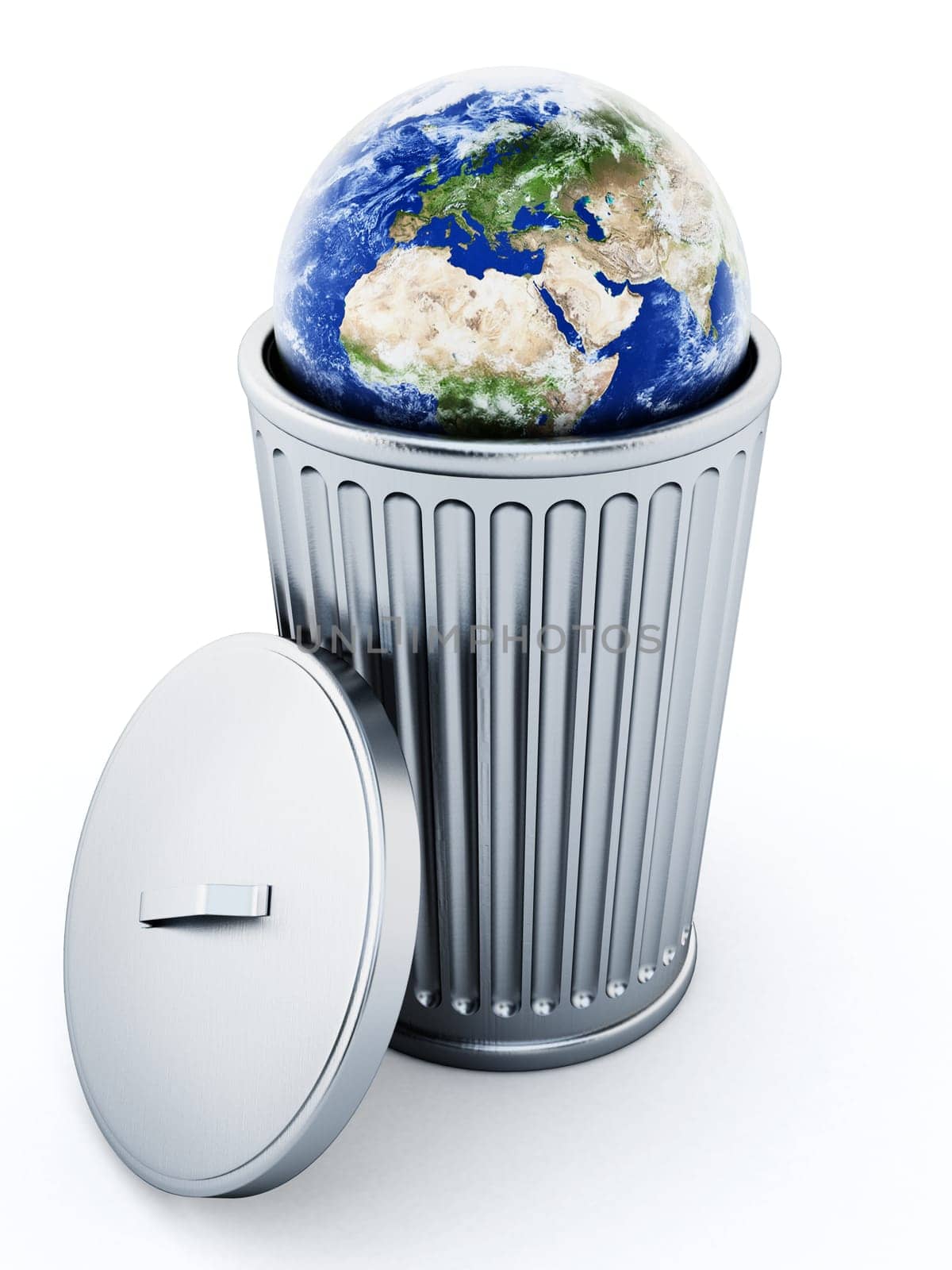 Earth standing inside metal trash bin. 3D illustration.