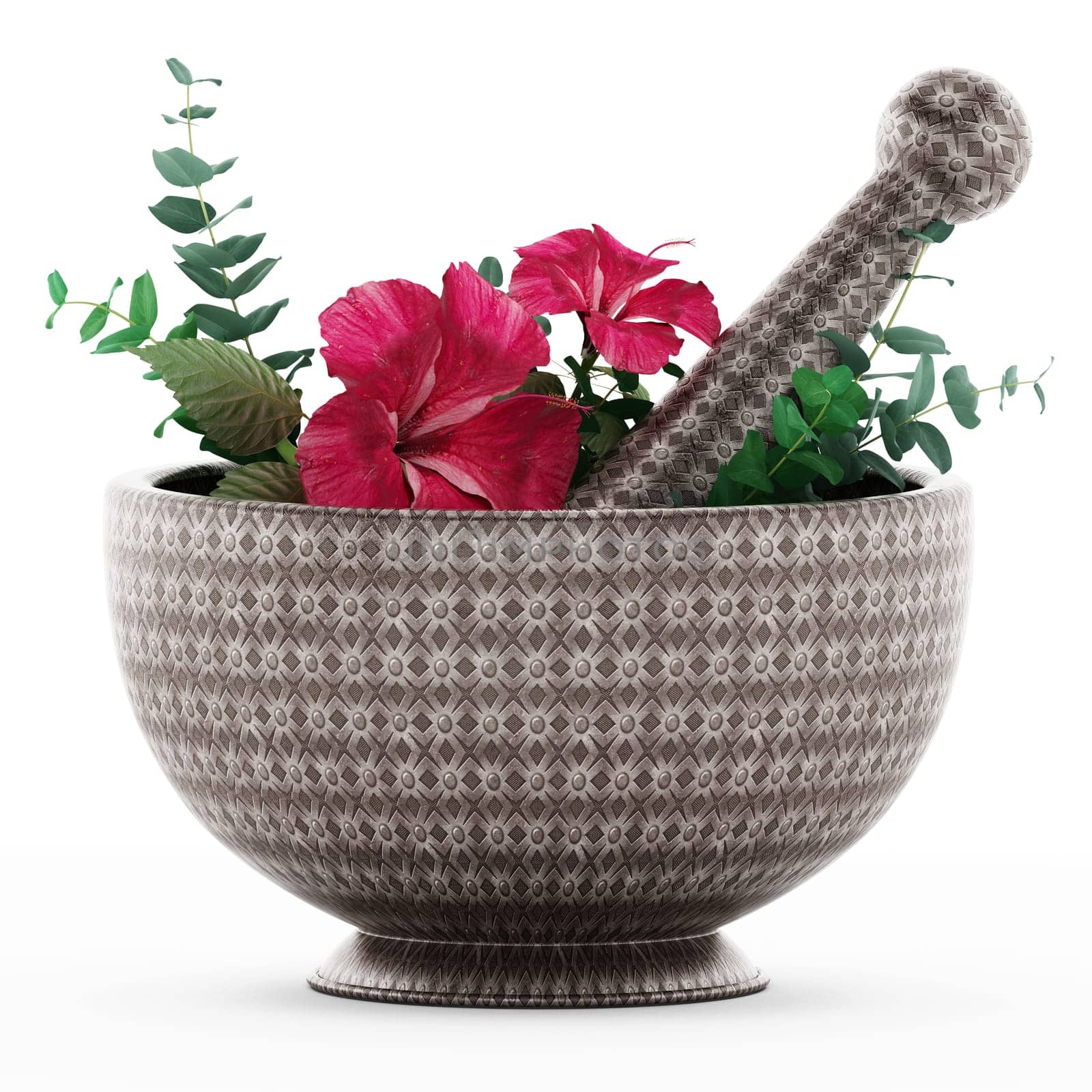 Mortar, pestle and flower isolated on white background. 3D illustration.
