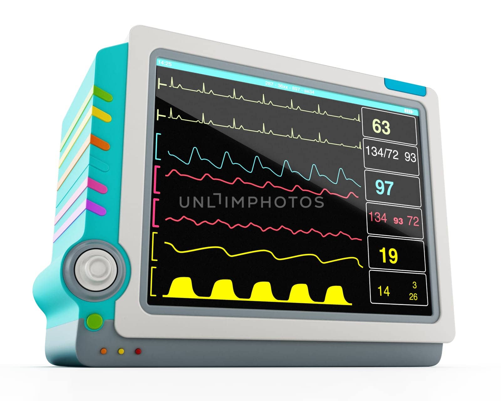 Medical monitor showing vital health information isolated on white background. 3D illustration.
