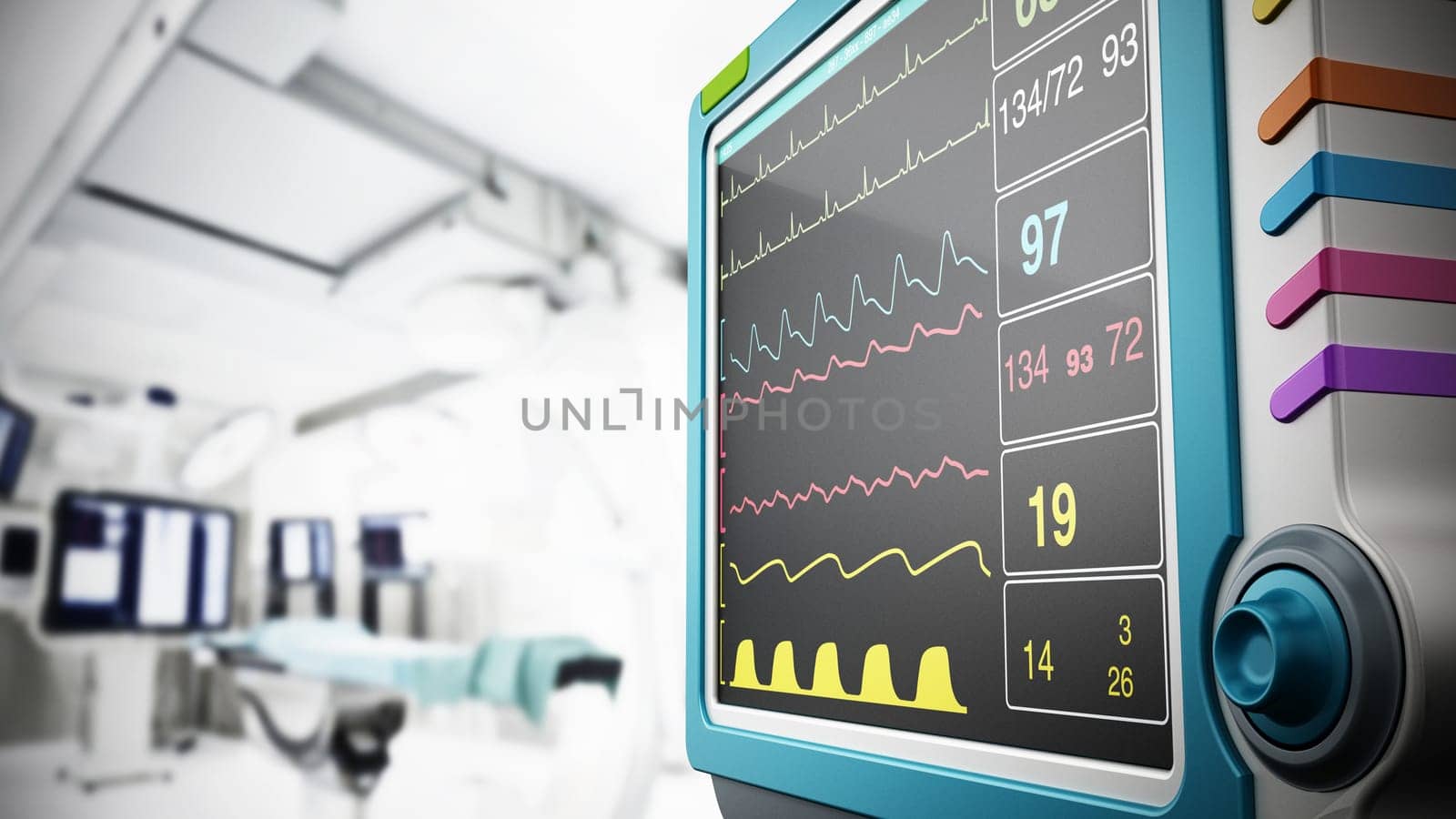 Medical monitor showing vital health information. 3D illustration.