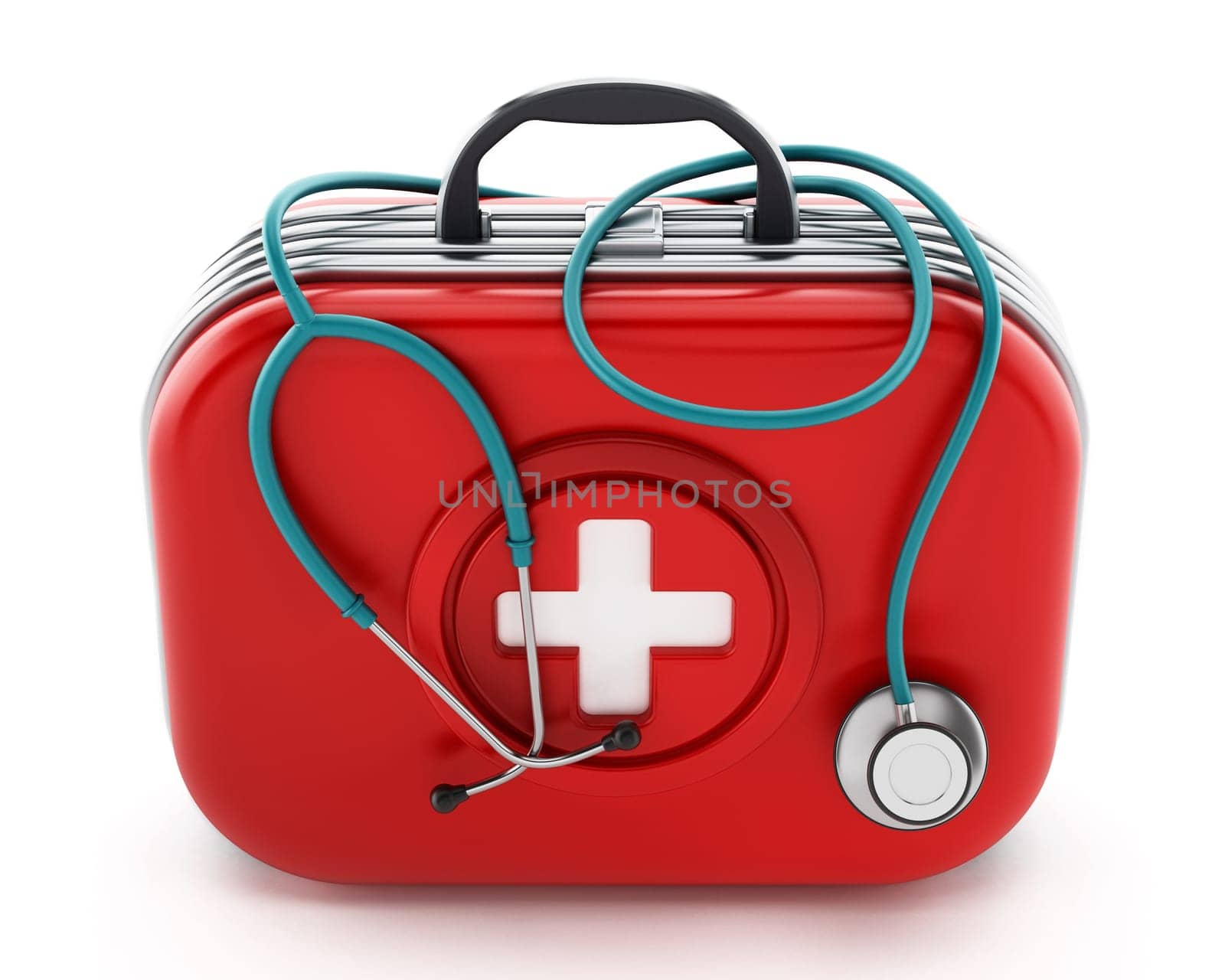 Stethoscope standing on first aid kit. 3D illustration.