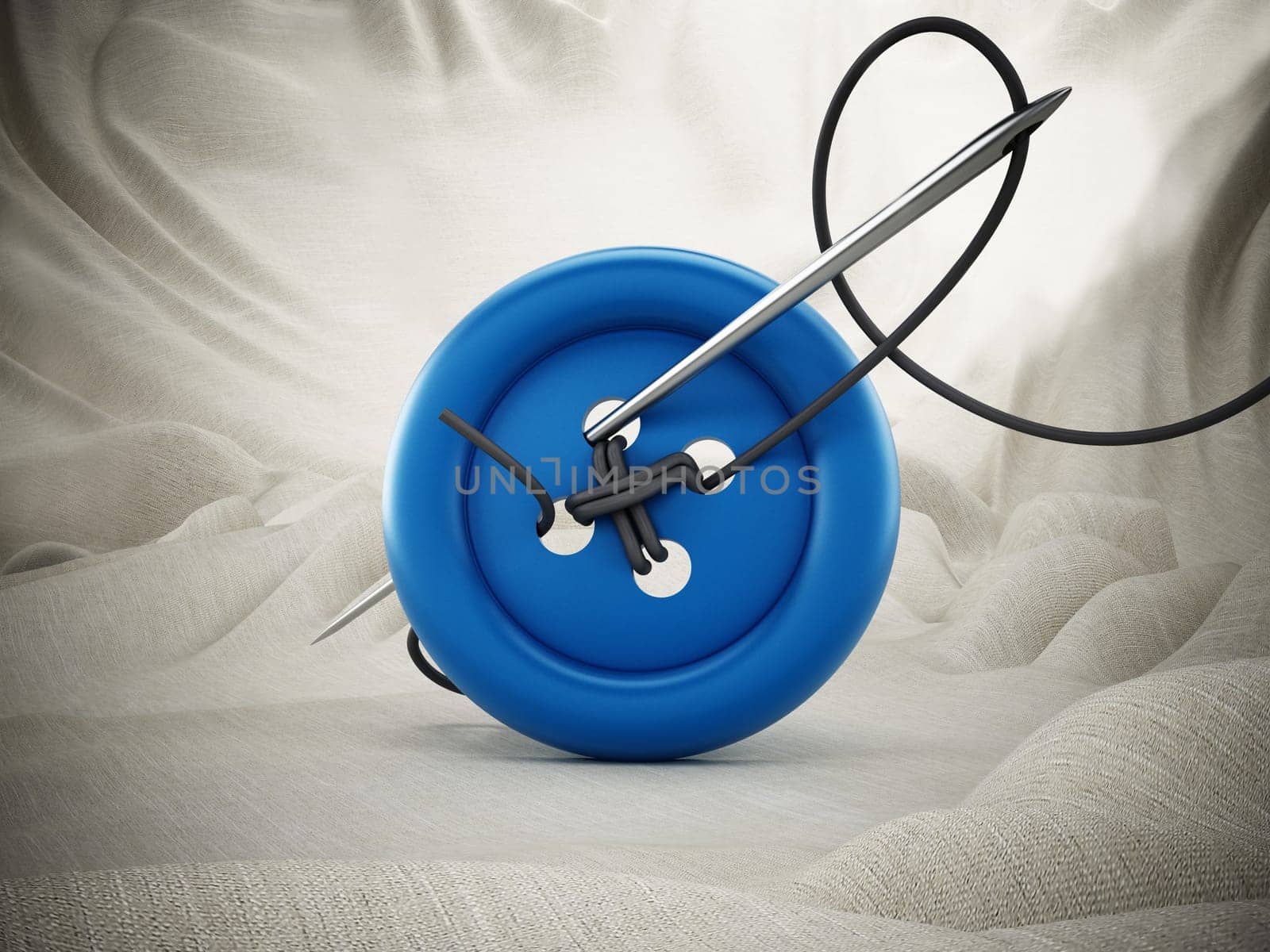 Sewing needle, string and red button on white cloth. 3D illustration.