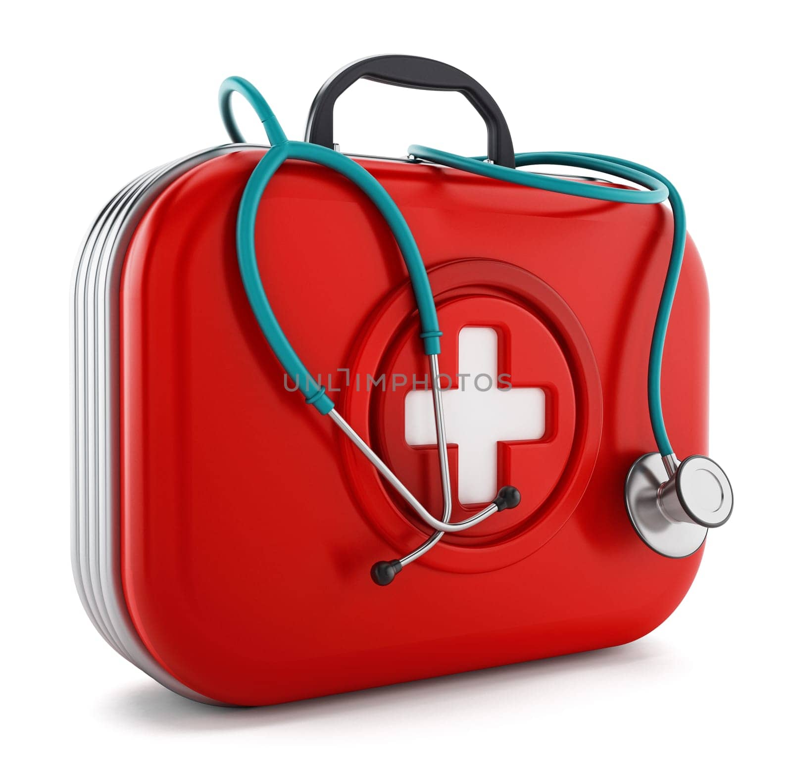 Stethoscope standing on first aid kit. 3D illustration.
