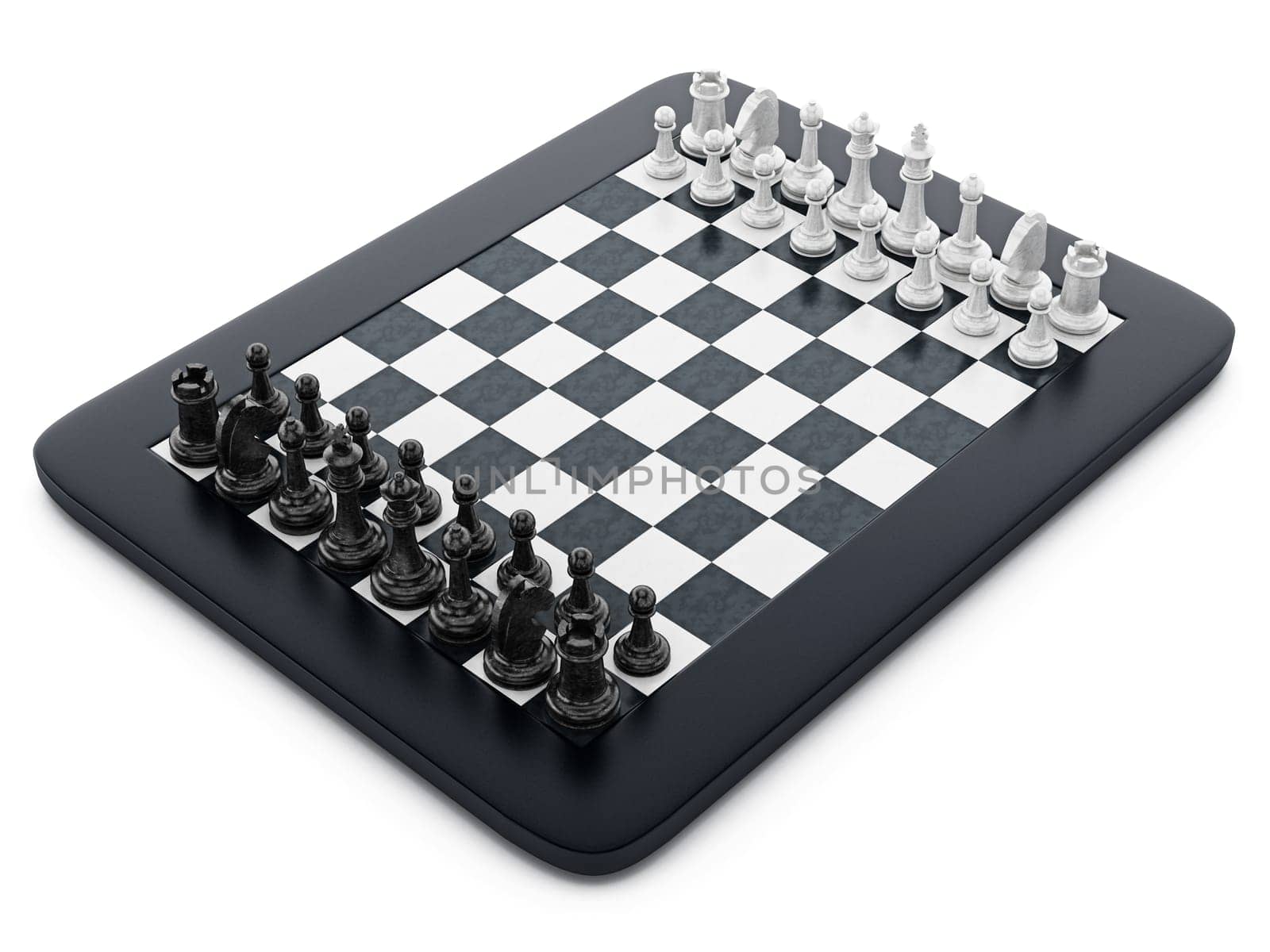Black and white chess pieces standing on tablet computer. 3D illustration.