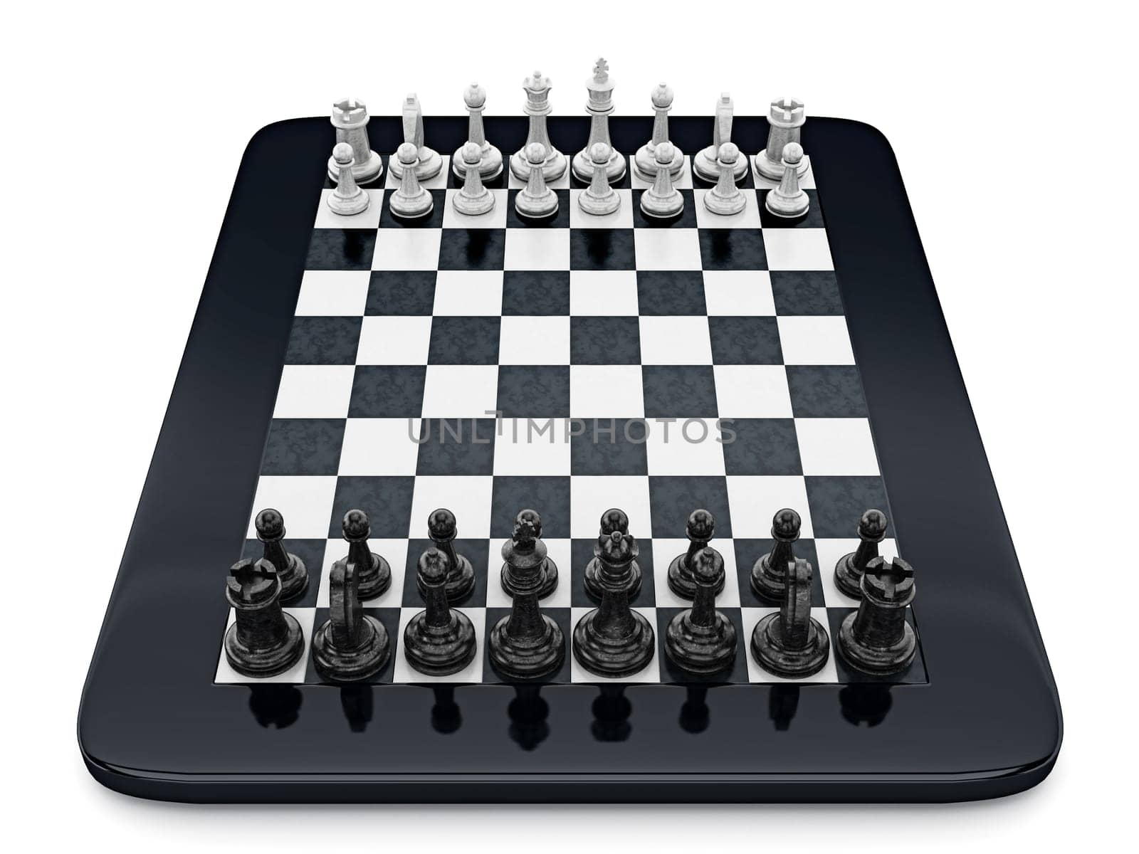 Black and white chess pieces standing on tablet computer. 3D illustration.