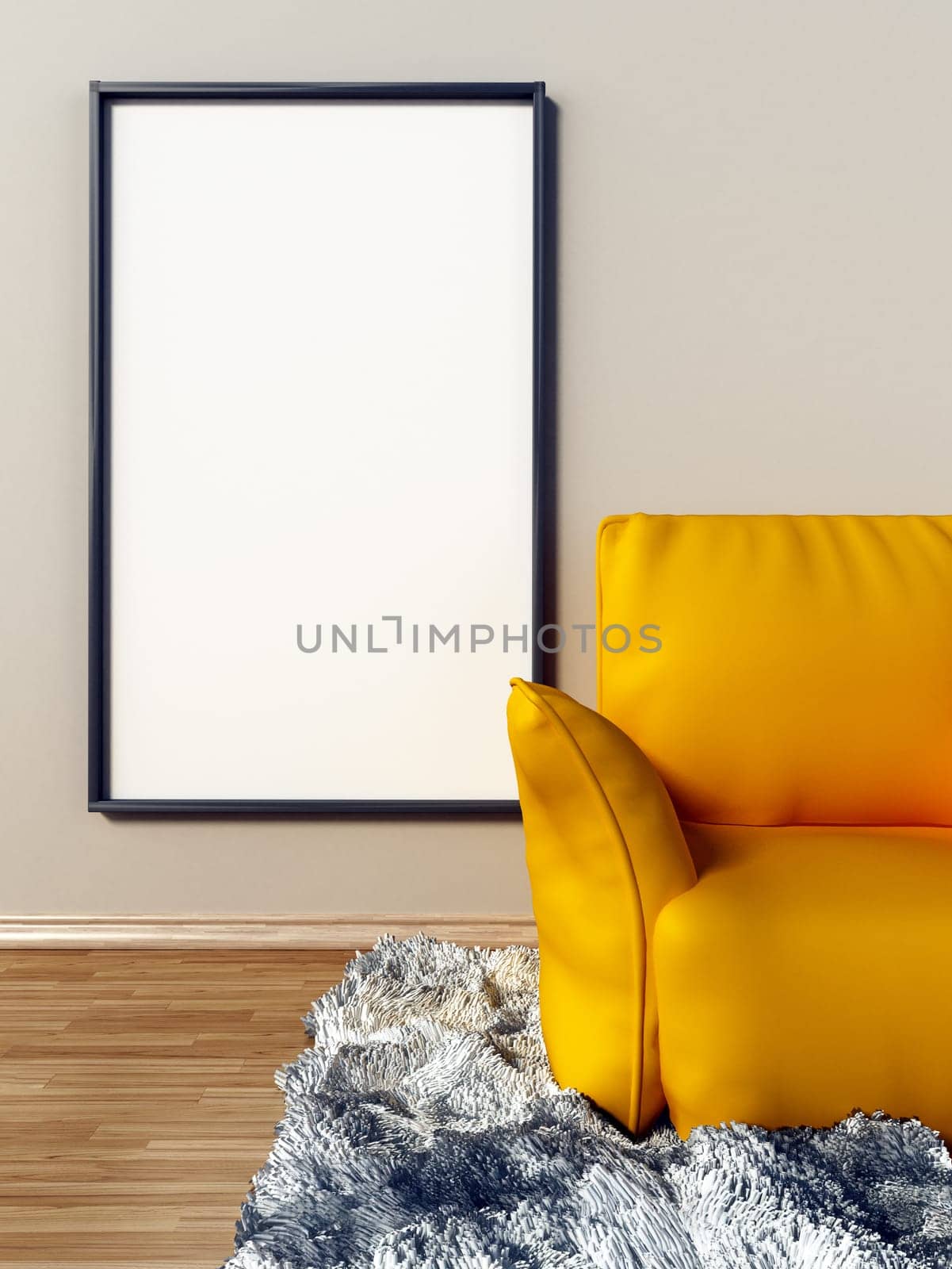 Blank canvas hanging on the wall behind yellow couch. 3D illustration.