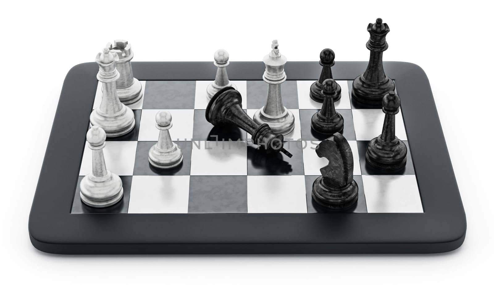 Black and white chess pieces standing on tablet computer. 3D illustration.