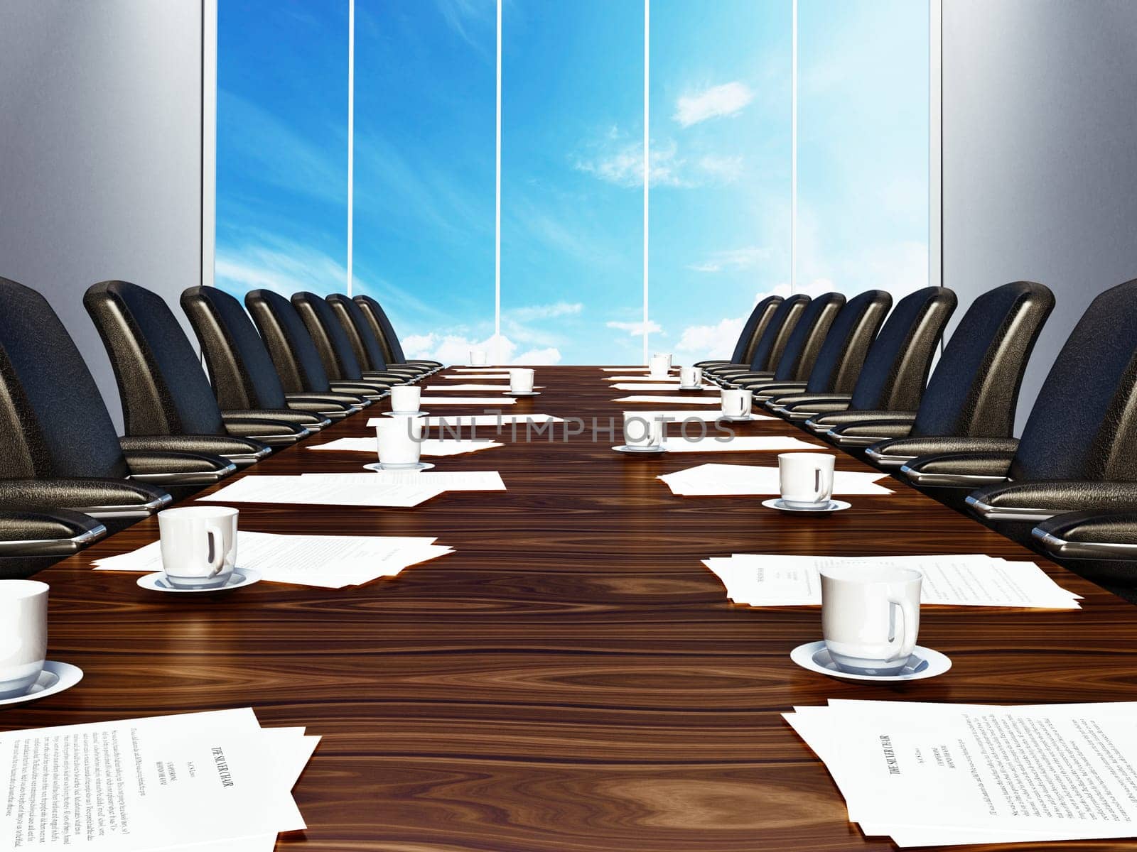 Boardroom table with black leather chairs. 3D illustration.