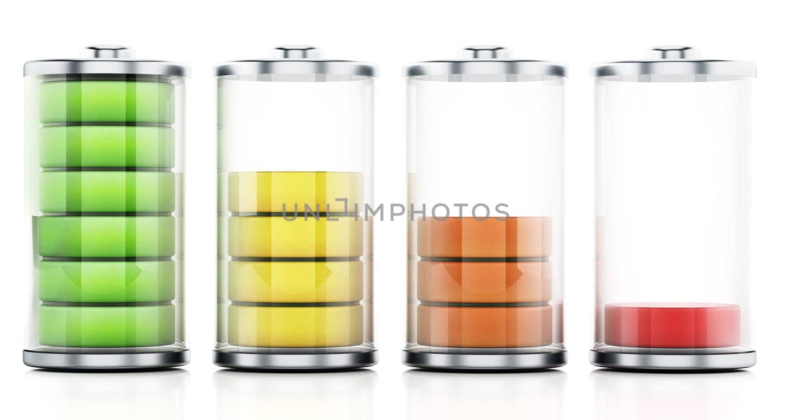 Four different battery levels on white background. 3D illustration.
