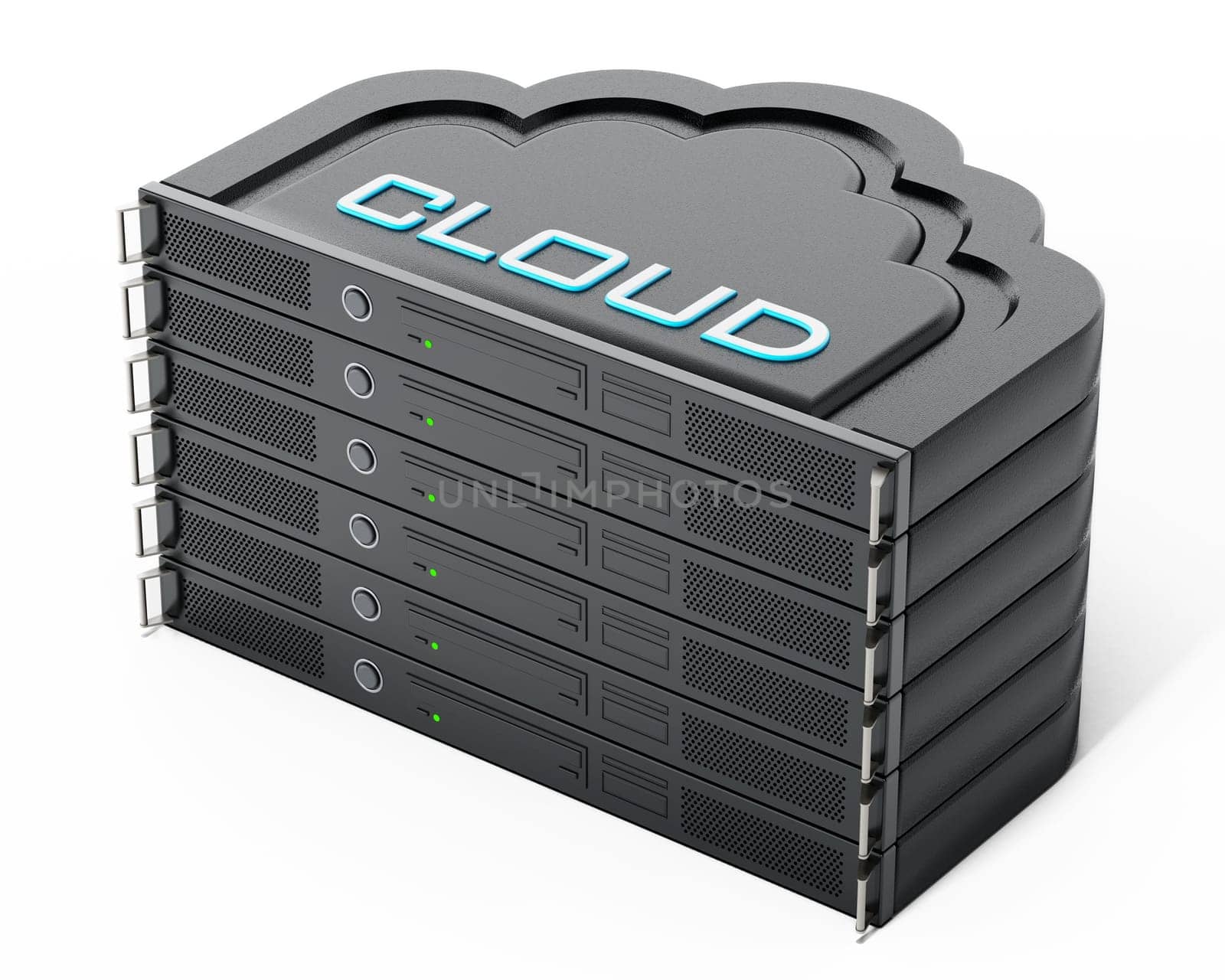 Cloud shaped network server rack stack. 3D illustration.